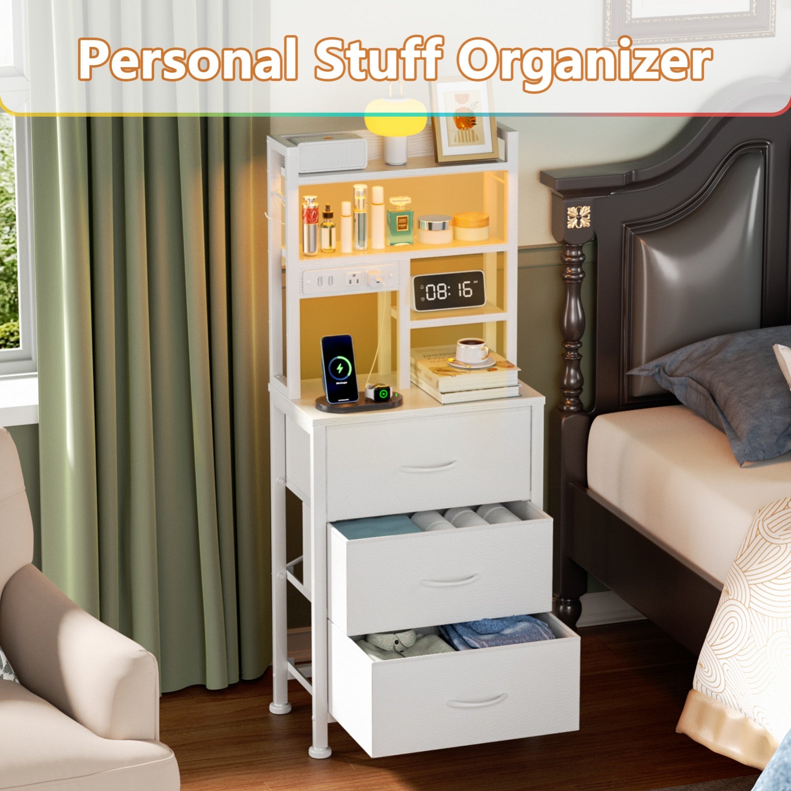 Furnulem Tall Night Stand with 3 Fabric Drawers and LED Lights, Nightstand with Bookshelf