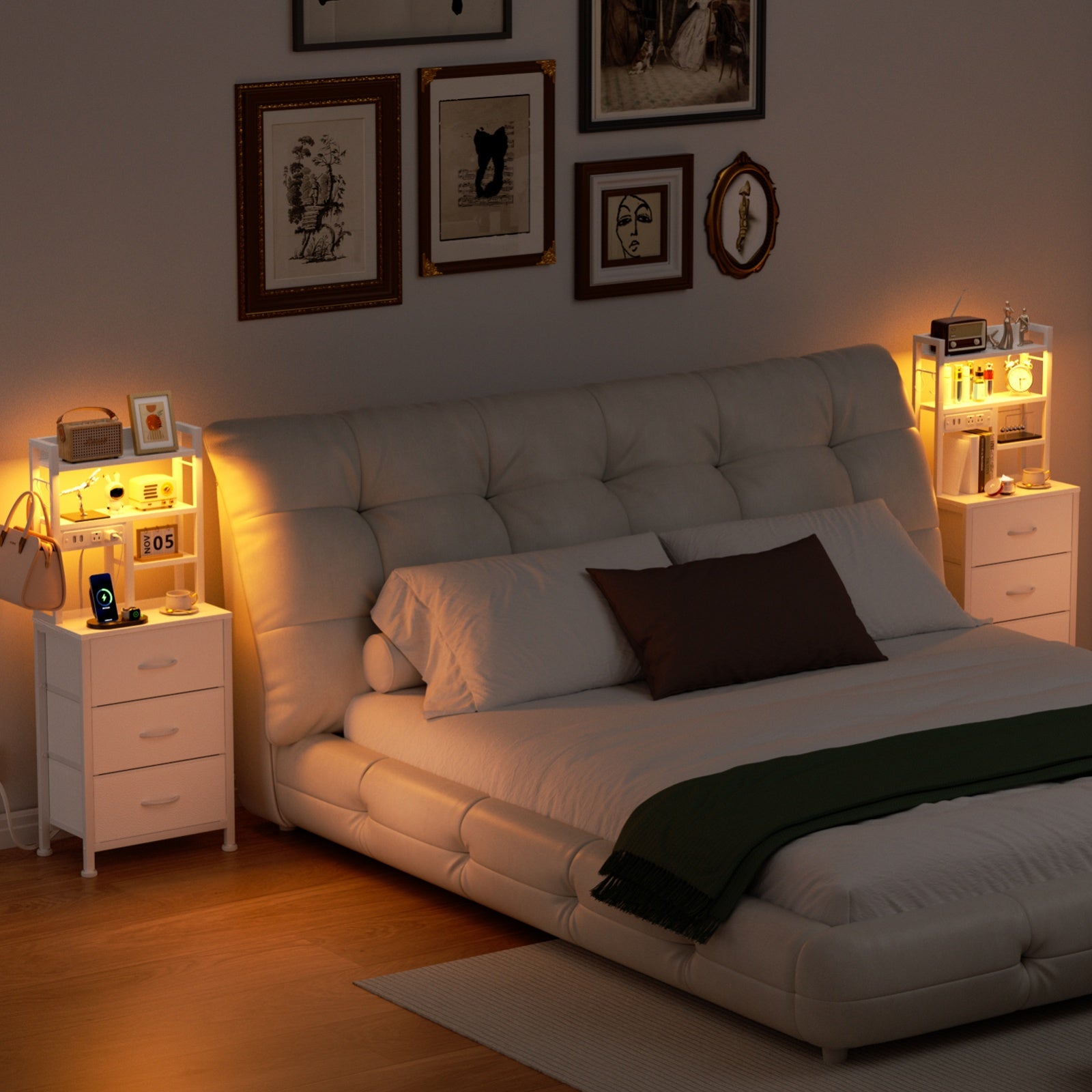 Furnulem Tall Night Stand with 3 Fabric Drawers and LED Lights, Nightstand with Bookshelf