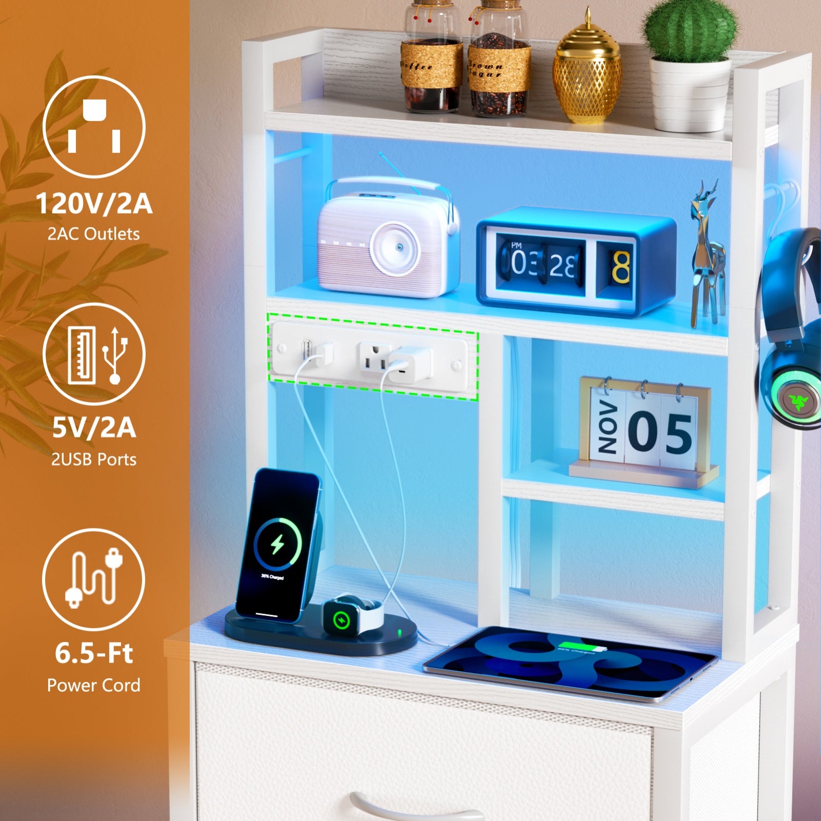 Furnulem Tall Night Stand with 3 Fabric Drawers and LED Lights, Nightstand with Bookshelf