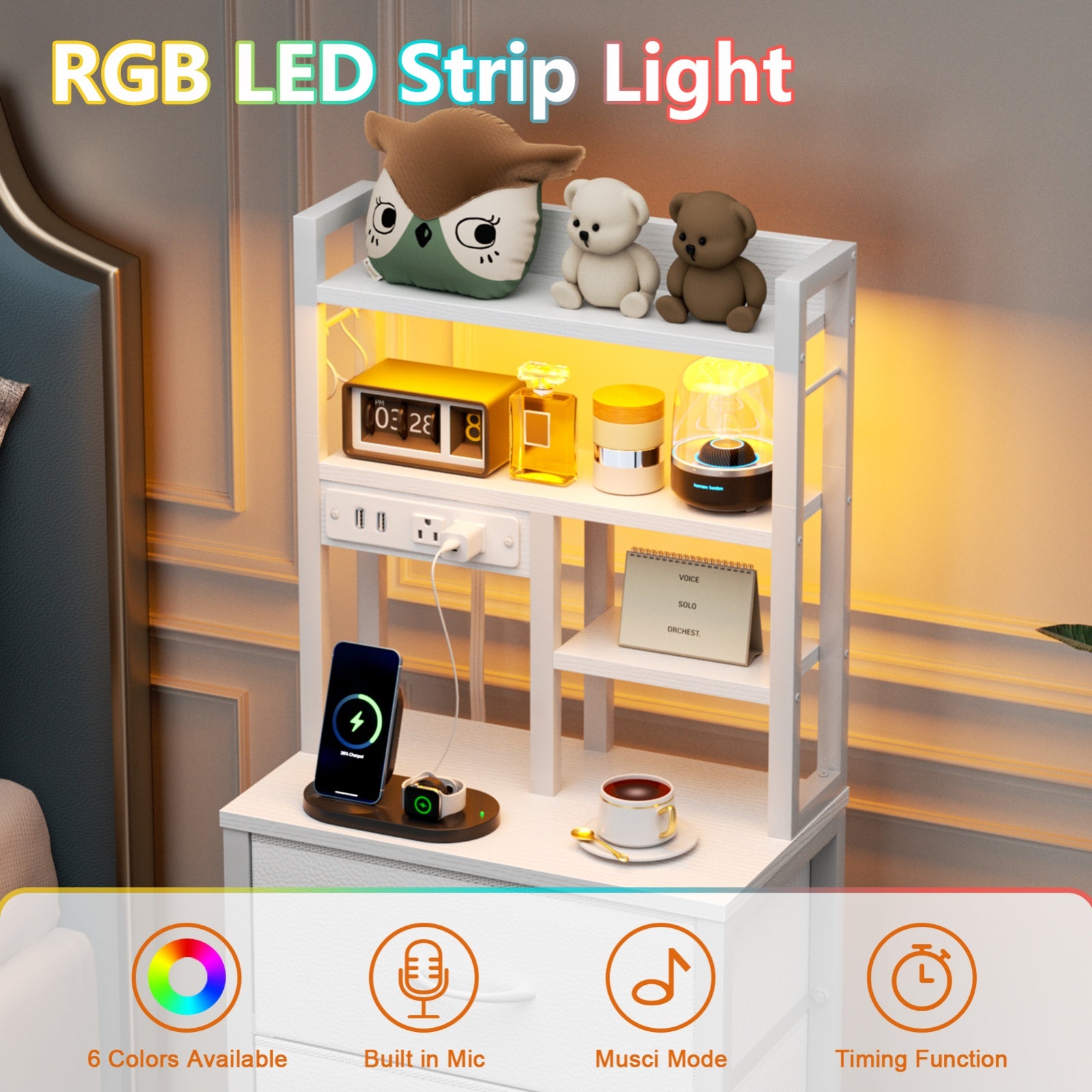 Furnulem Tall Night Stand with 3 Fabric Drawers and LED Lights, Nightstand with Bookshelf