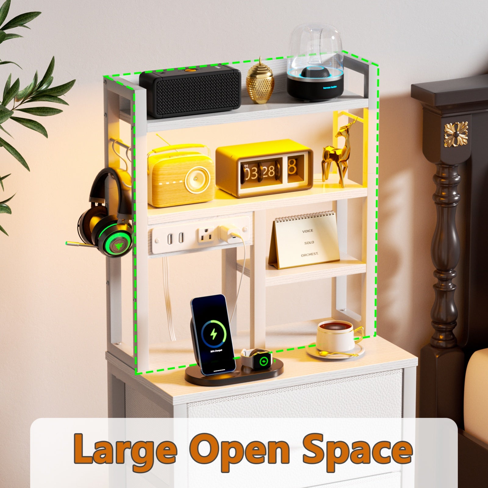 Furnulem Tall Night Stand with 3 Fabric Drawers and LED Lights, Nightstand with Bookshelf