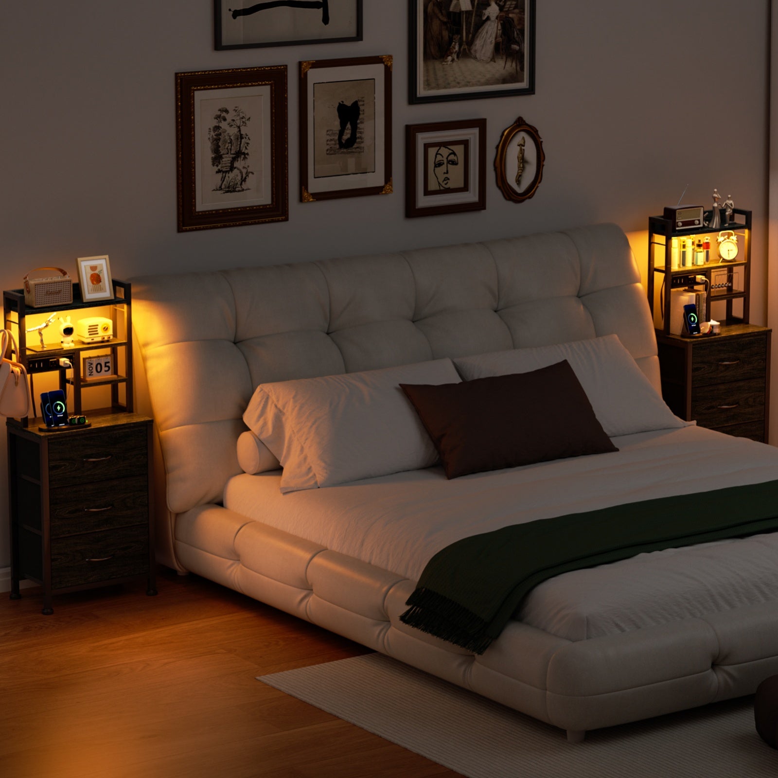 Furnulem Tall Night Stand with 3 Fabric Drawers and LED Lights, Nightstand with Bookshelf