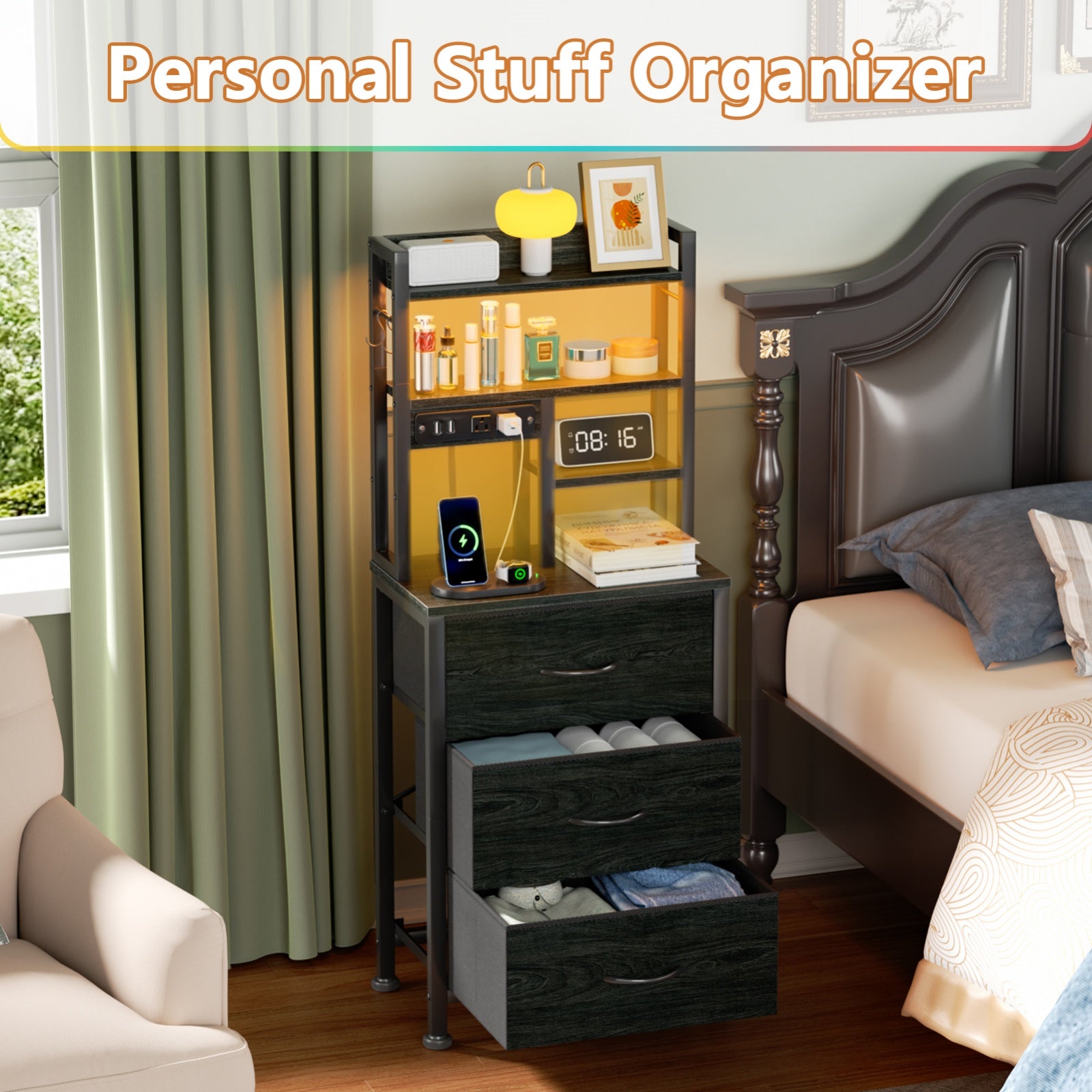 Furnulem Tall Night Stand with 3 Fabric Drawers and LED Lights, Nightstand with Bookshelf