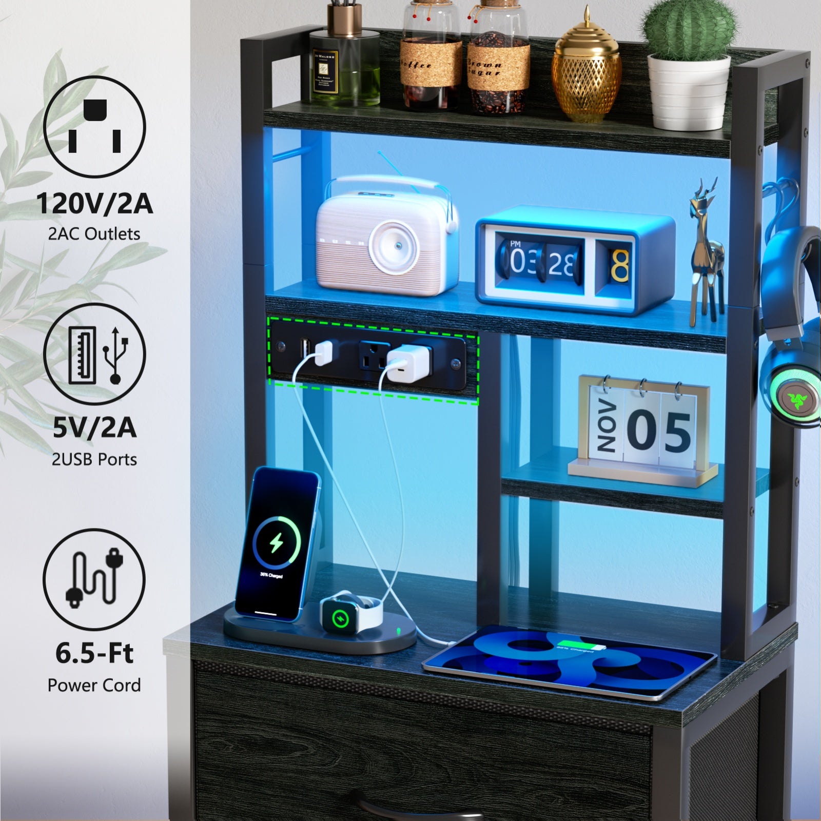 Furnulem Tall Night Stand with 3 Fabric Drawers and LED Lights, Nightstand with Bookshelf