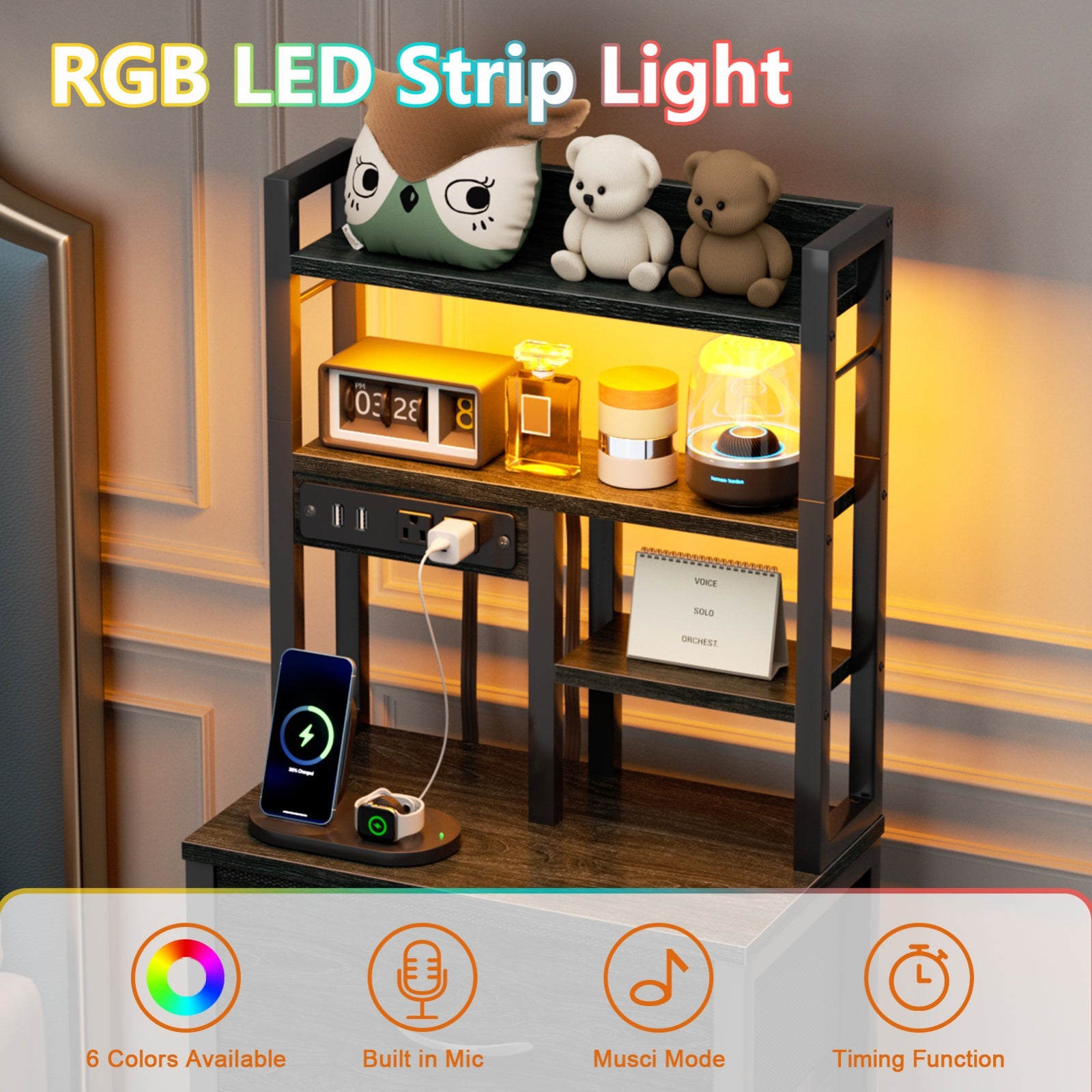 Furnulem Tall Night Stand with 3 Fabric Drawers and LED Lights, Nightstand with Bookshelf