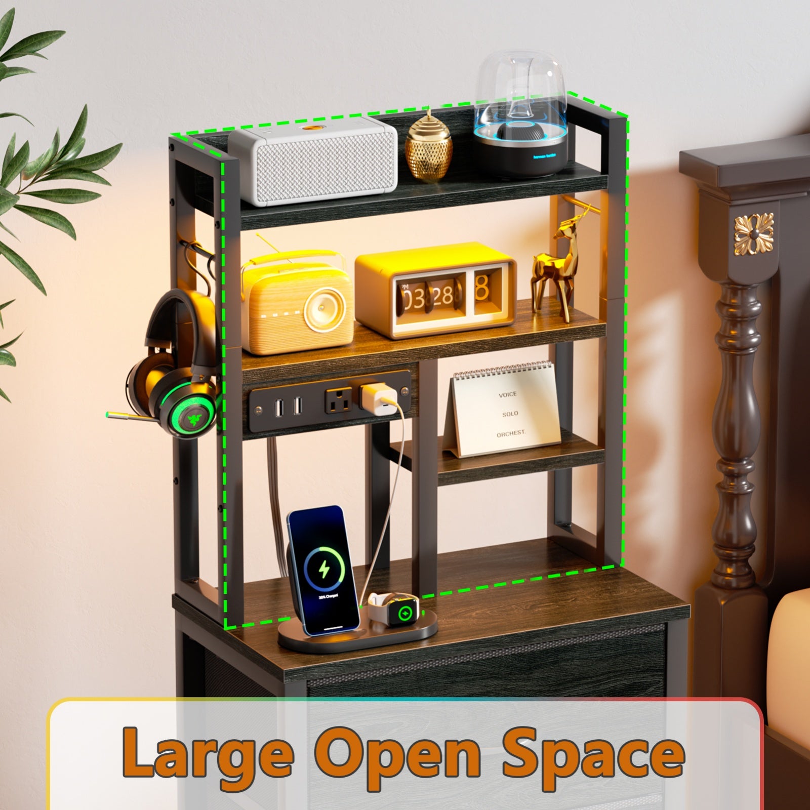 Furnulem Tall Night Stand with 3 Fabric Drawers and LED Lights, Nightstand with Bookshelf