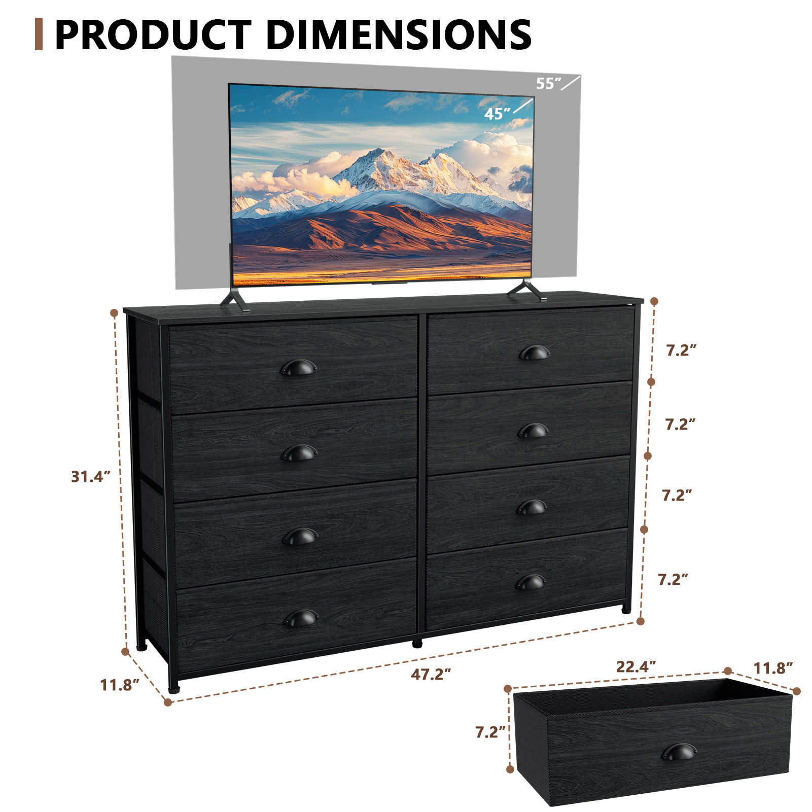 Long Double Dresser 8 Fabric Drawers TV Stand for 55 Inch TV Wide Storage Chest Media Console Organizer for Bedroom Closet Nursery Wood Top