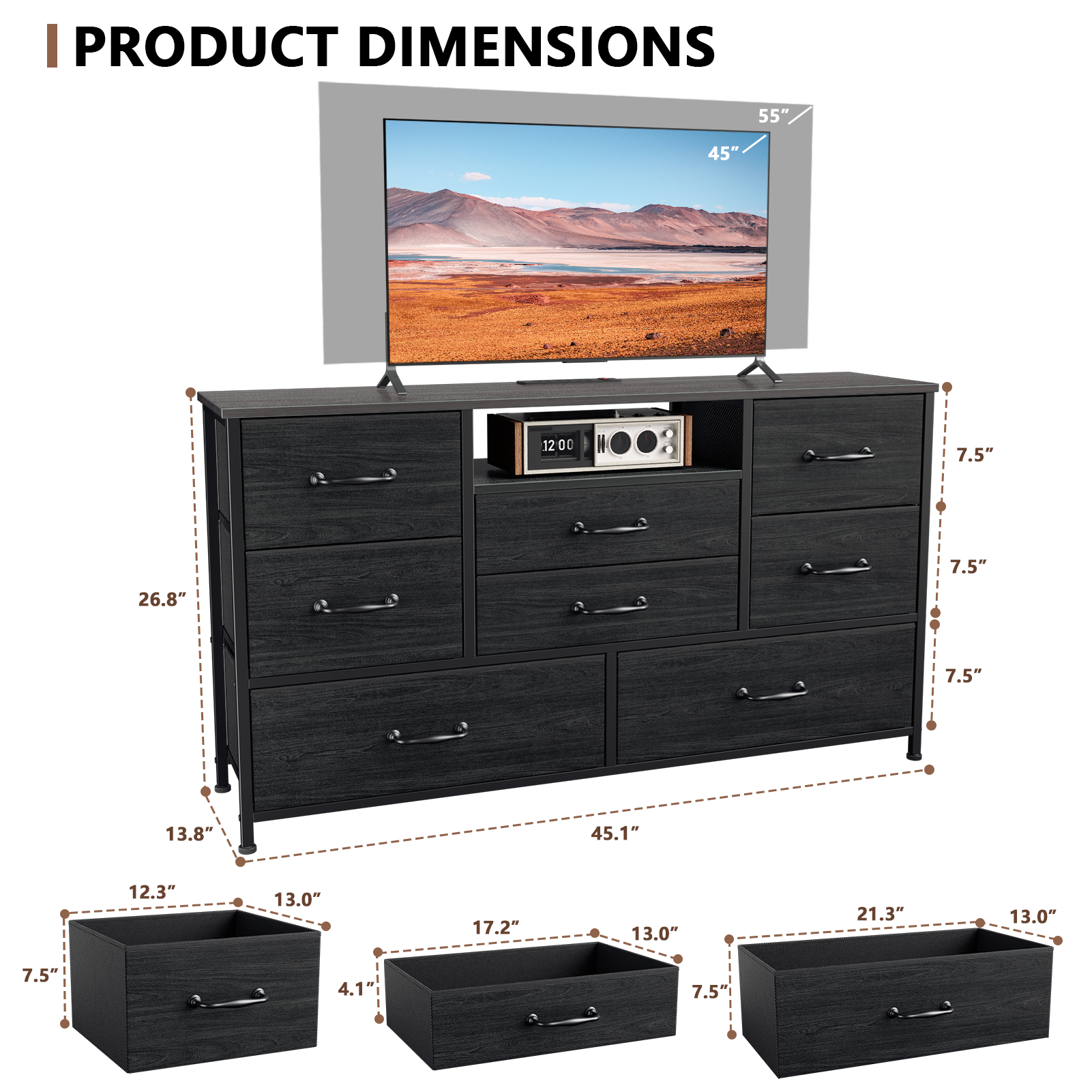 Wide Dresser with Charging Station 8 Drawers Fabric Chest for Bedroom Living Room Closet Tall Storage Tower 50" TV Stand Unit with Shelves Black