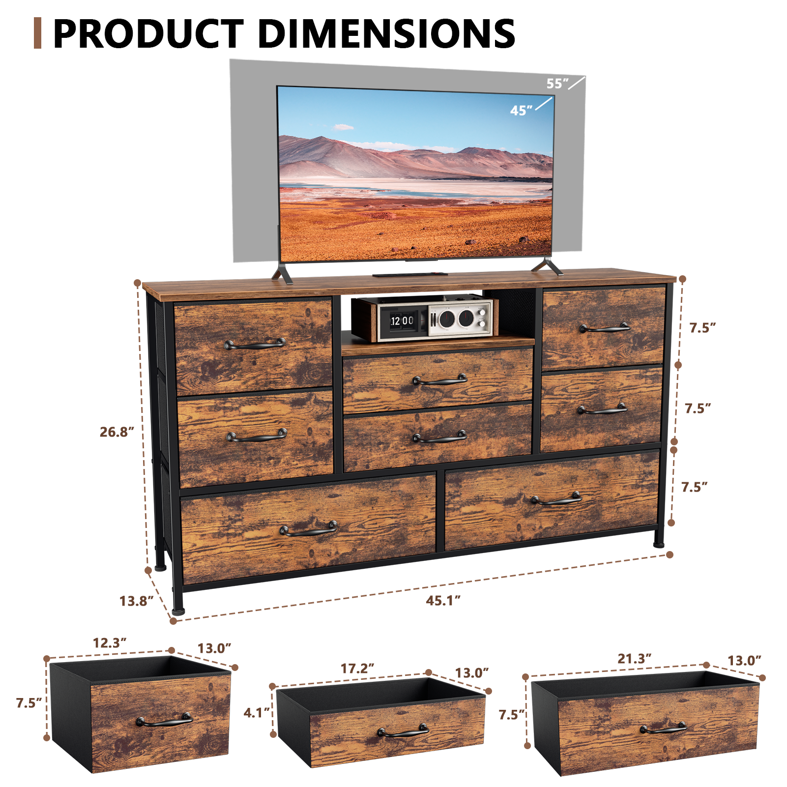 Wide Dresser with Power Outlets 8 Fabric Drawers Chest for Bedroom Closet Storage Organizer 50 Inch TV Stand Media Console Table with Shelves Brown