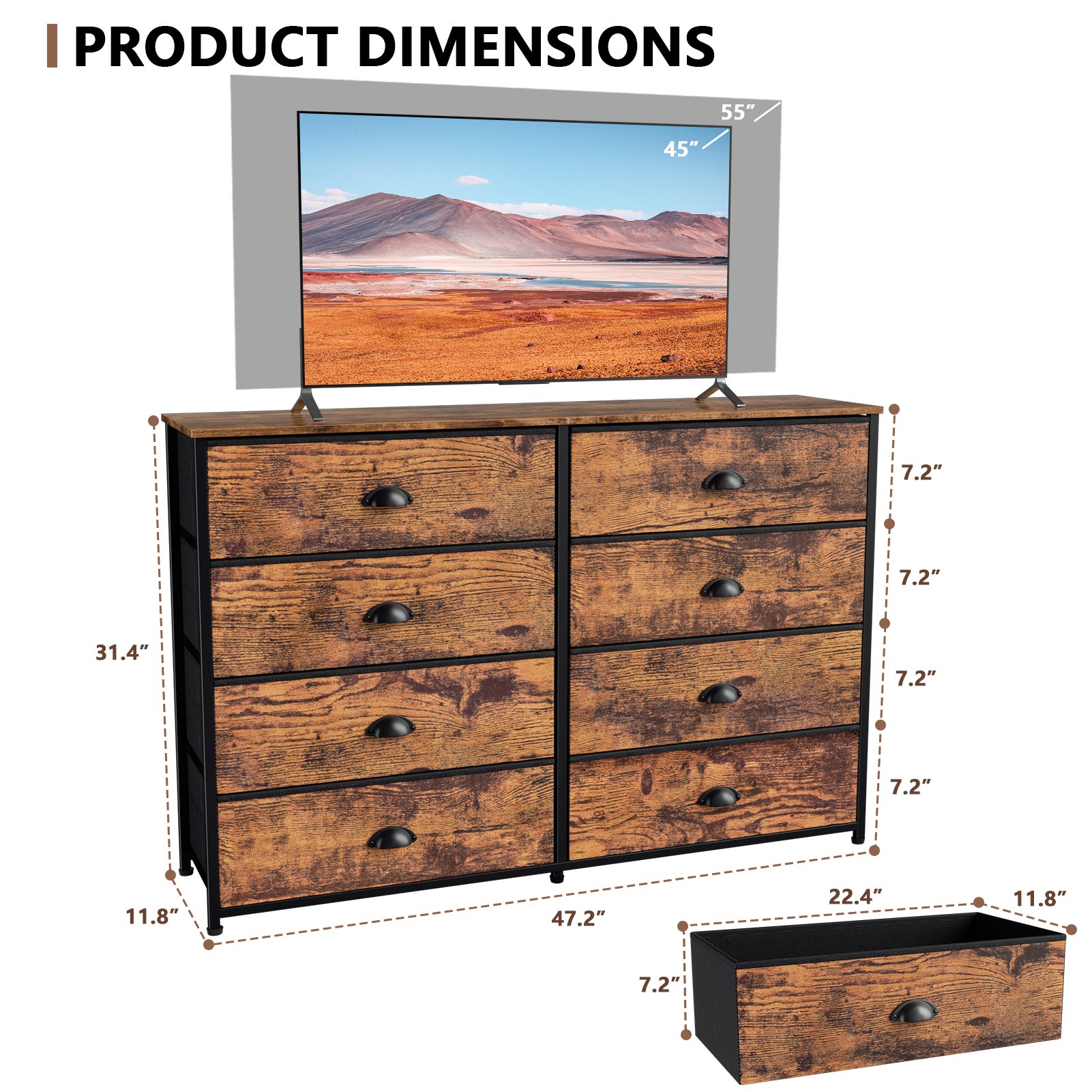 Furnulem Long Dresser for Bedroom TV Stand for 55'' TV Wide Storage Drawer Unit with 8 Fabric Bins Double Dresser for Bedroom Office Closet Entryway