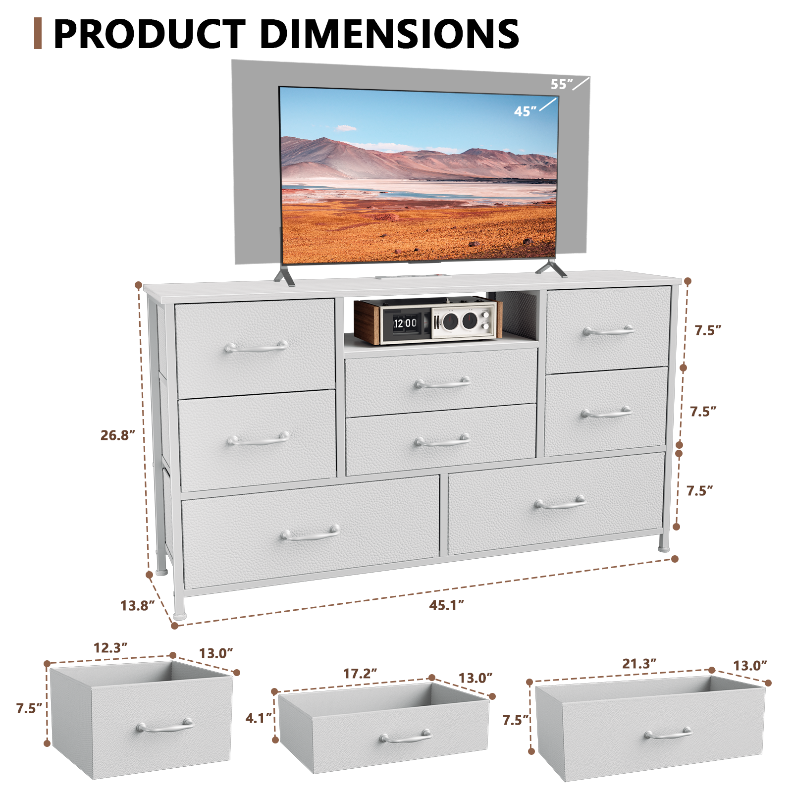 White 8 Drawer Dresser with Charging Station TV Stand for 50 Inch TV Open Shelves Fabric Storage Chest Media Console Bedroom Organizer