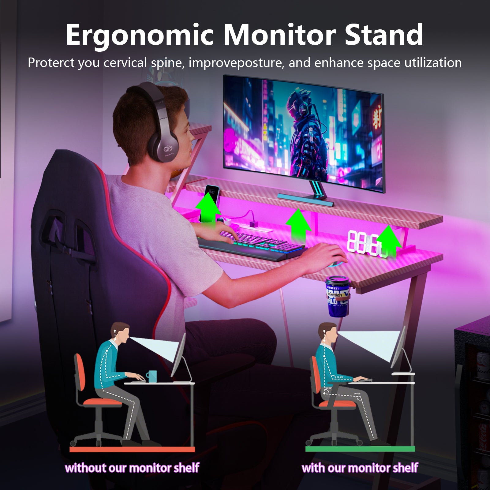 47 inch L Shaped Gaming Desk Pink Small Spaces Corner Computer Table with Monitor Stand Storage Shelves Gamer Desk Carbon Fiber Sturdy PC Room Desk