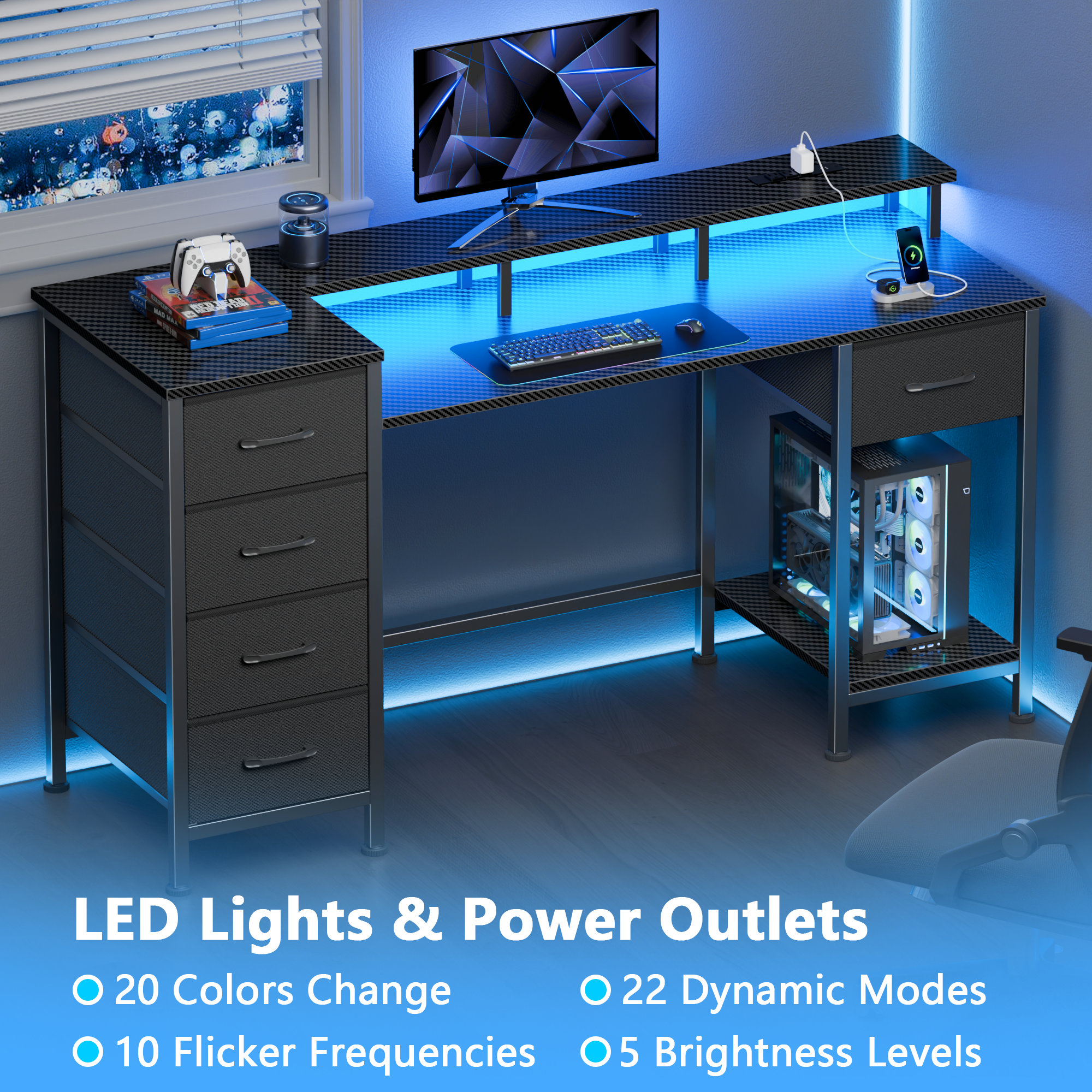 47 Inch Carbon Fiber Black Gaming Desk with Charging Station LED Lights Reversible Computer Desk 5 Fabric Drawers Home Office Writing Study Table