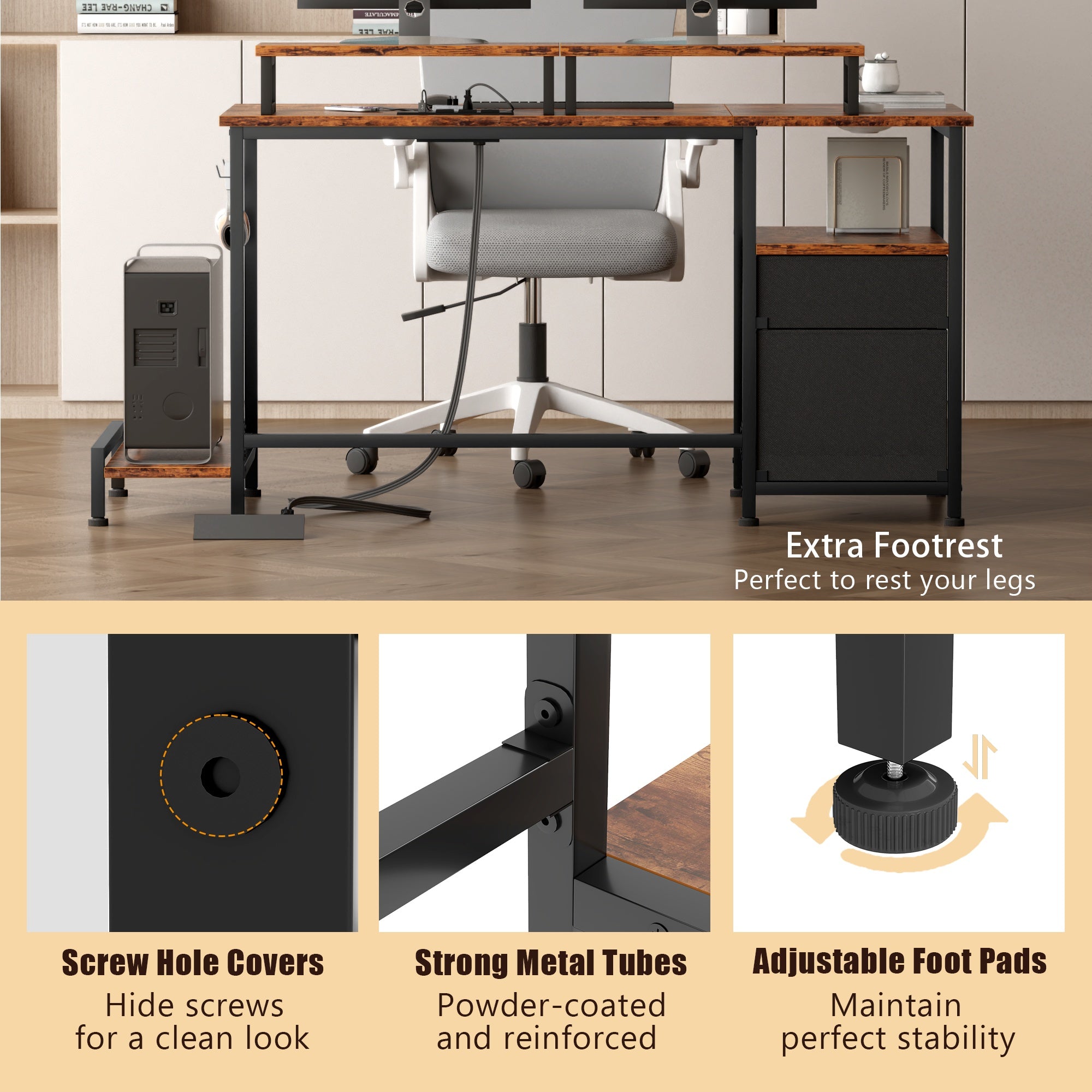 Furnulem 47" Computer Desk with File Cabinet and Power Outlets, Home Office Desk with 2 Monitor Stands and Storage Drawer
