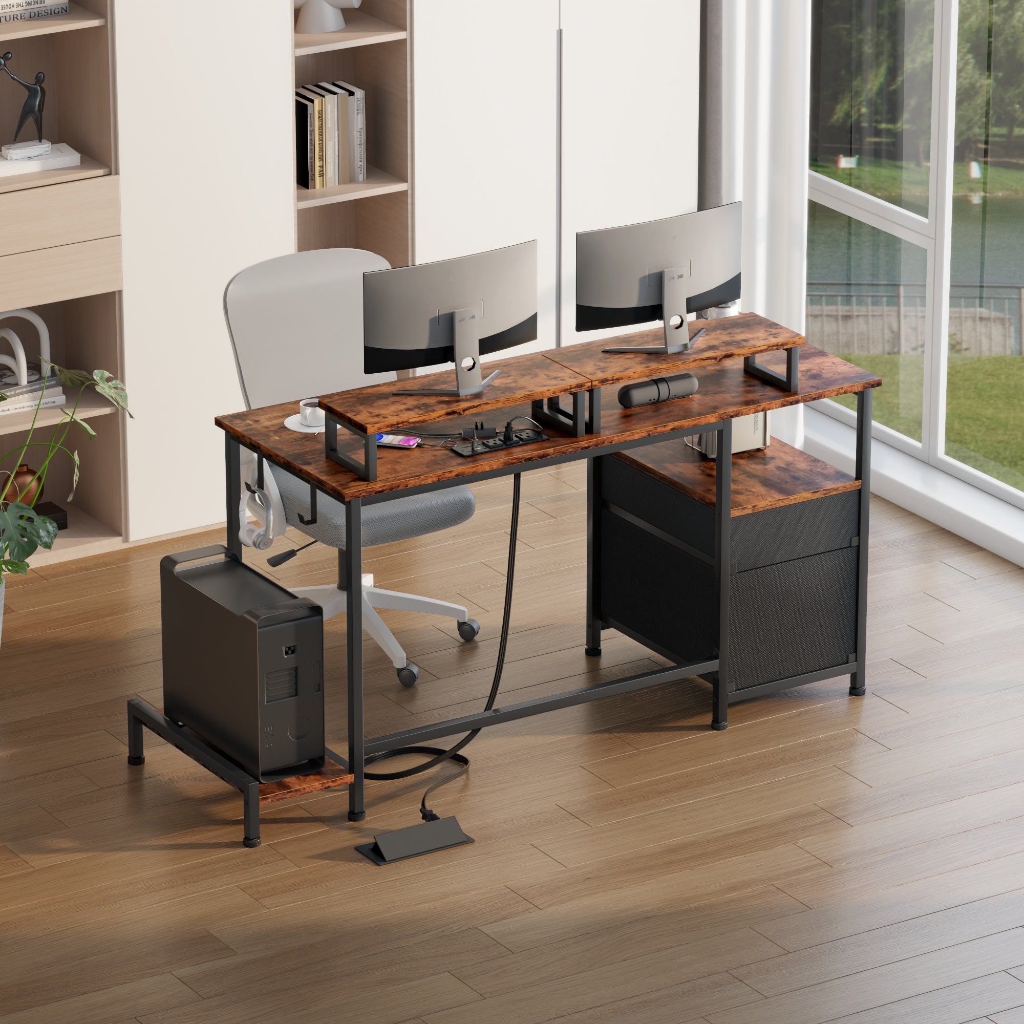 Furnulem 47" Computer Desk with File Cabinet and Power Outlets, Home Office Desk with 2 Monitor Stands and Storage Drawer