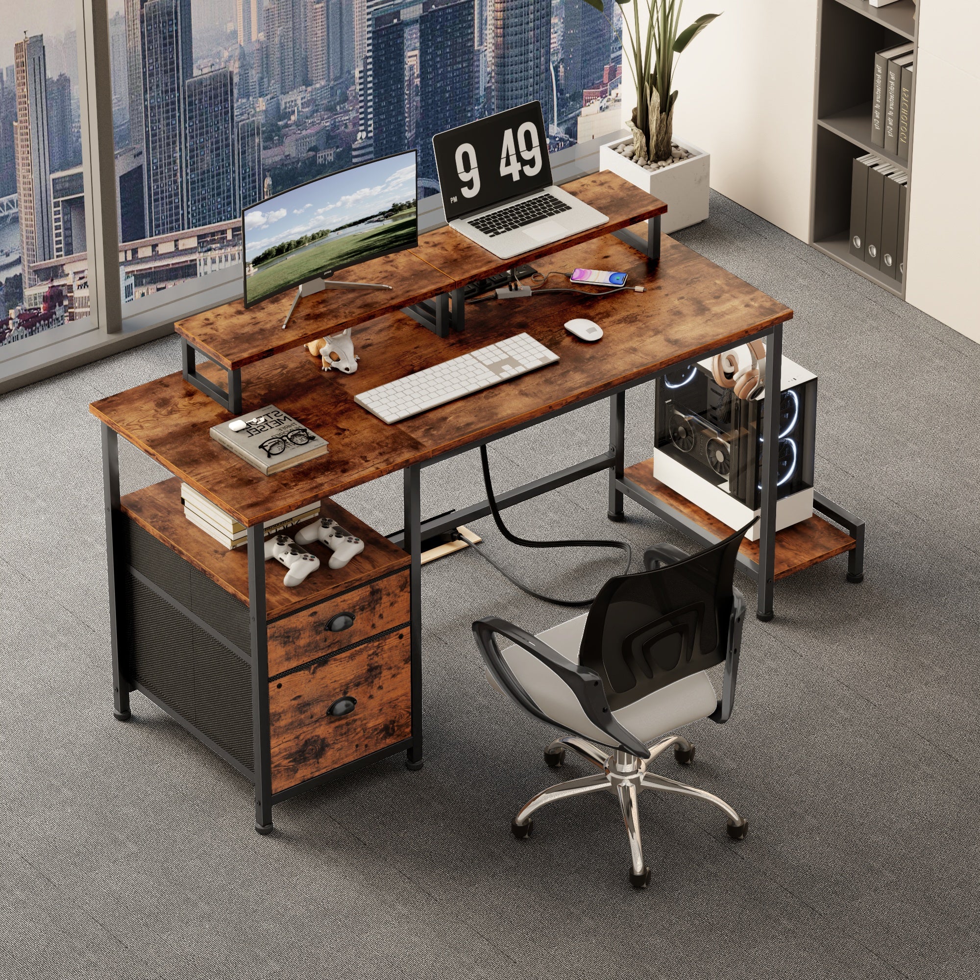 Furnulem 47" Computer Desk with File Cabinet and Power Outlets, Home Office Desk with 2 Monitor Stands and Storage Drawer