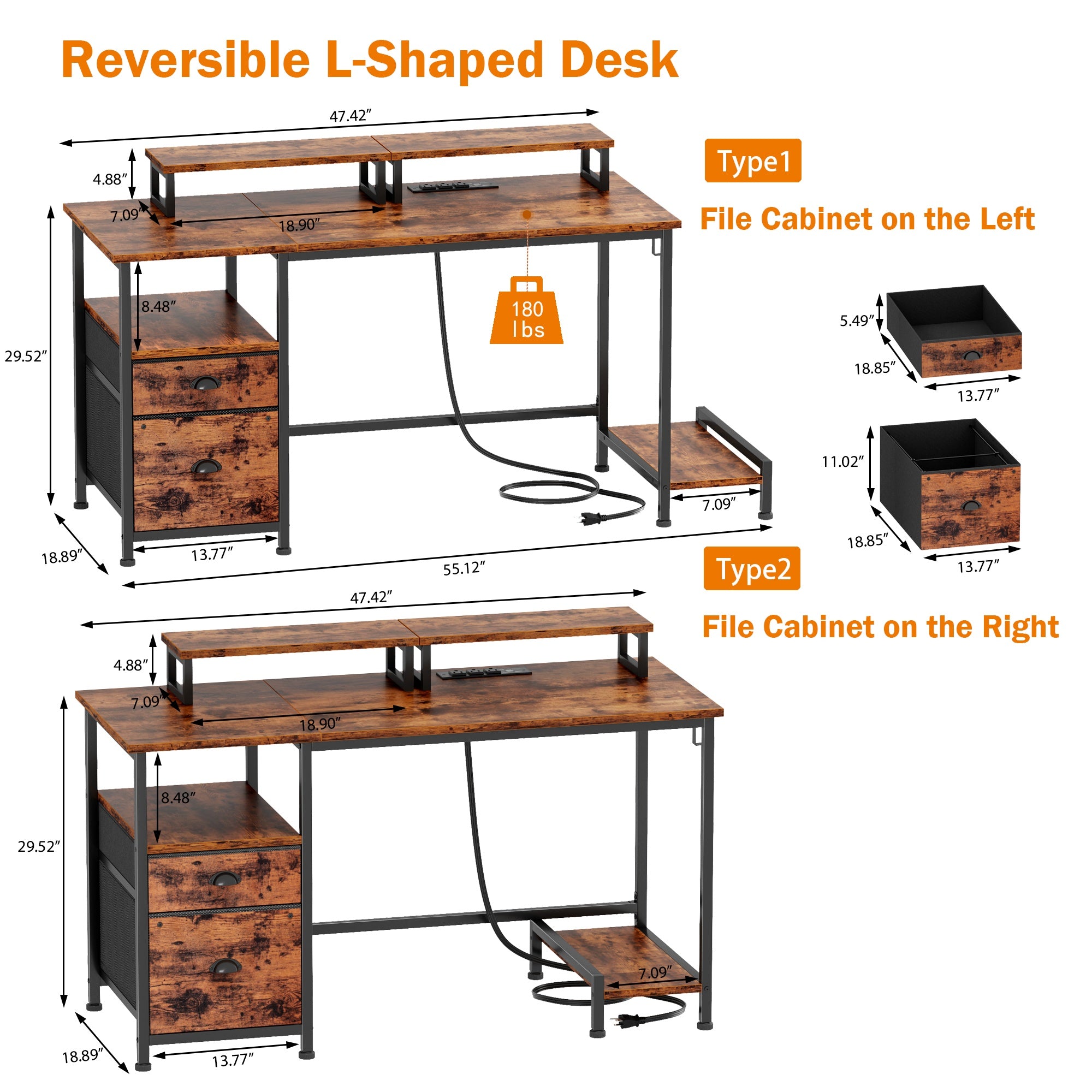 Furnulem 47" Computer Desk with File Cabinet and Power Outlets, Home Office Desk with 2 Monitor Stands and Storage Drawer