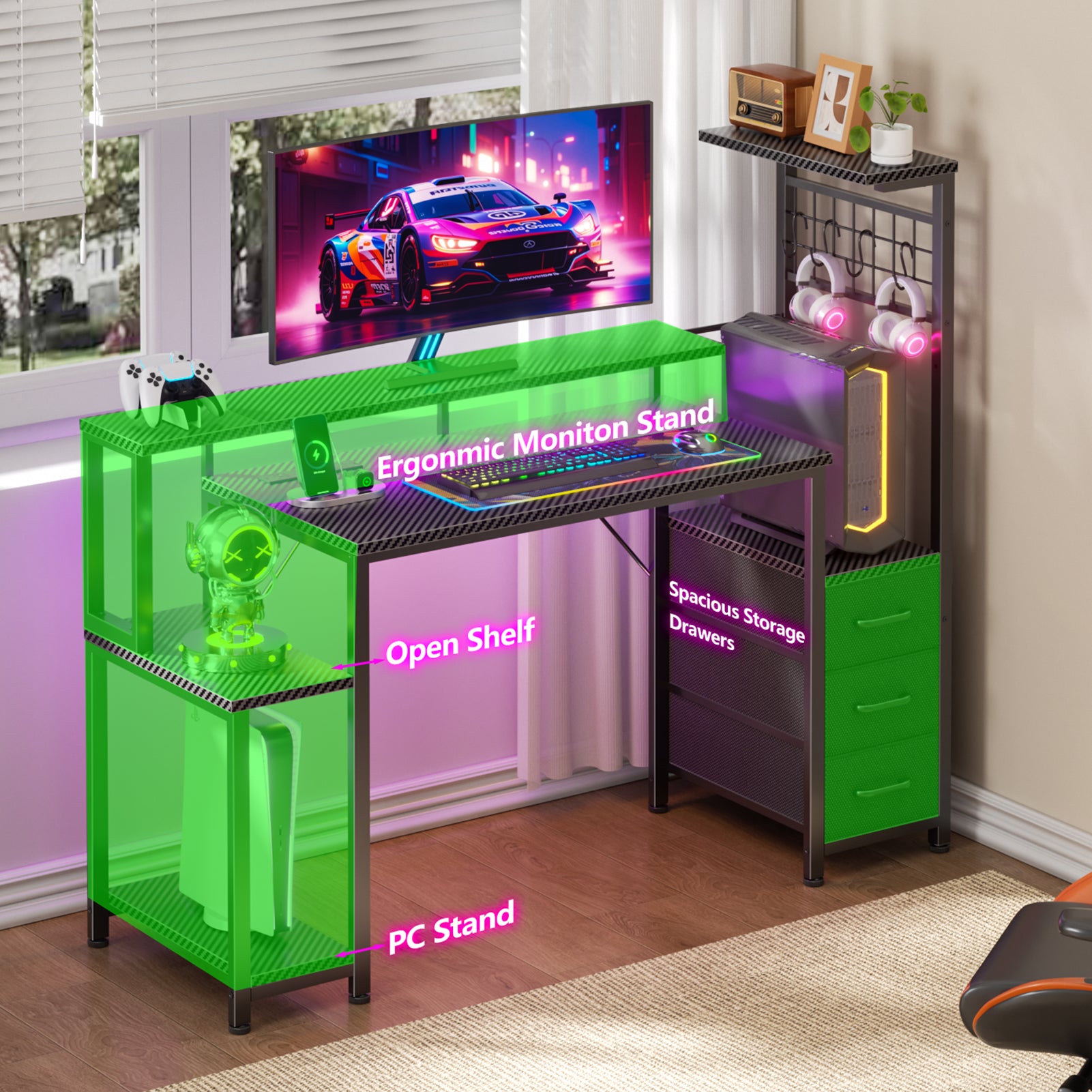 48 Inch Gaming Desk with Fabric Storage Drawers and Monitor Stand Reversible Computer Desk Gamer Table Carbon Black for Home Office Bedroom PC Setup