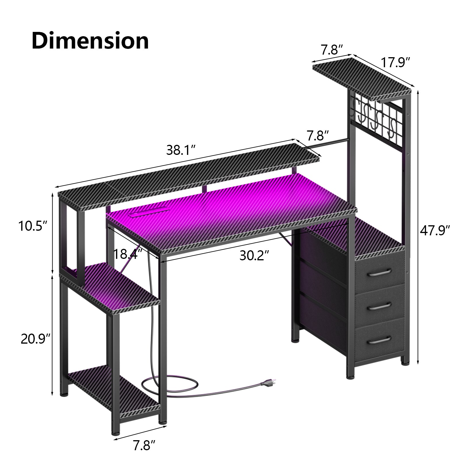 48 Inch Gaming Desk with Fabric Storage Drawers and Monitor Stand Reversible Computer Desk Gamer Table Carbon Black for Home Office Bedroom PC Setup