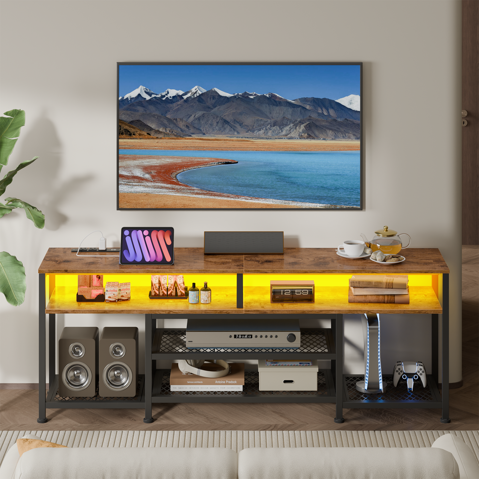 63 Inch Rustic Brown TV Stand with Charging Station LED Lights Entertainment Center for TVs up to 70 Inch Media Console Storage Shelves Living Room