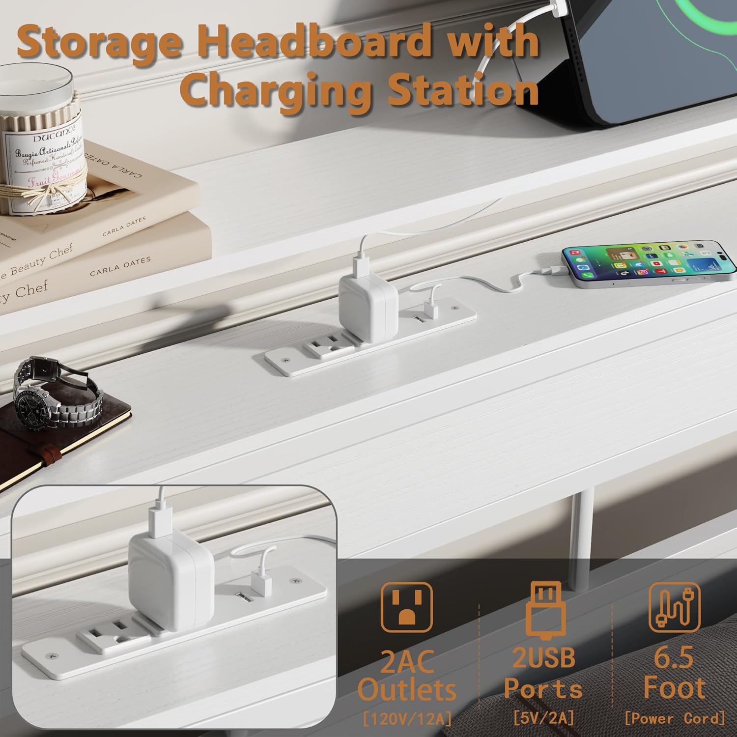 Queen Bed Frame with Storage Headboard and LED Lights Metal Bedframe with Charging Station and USB Port Platform Bed with Heavy Duty Slats White