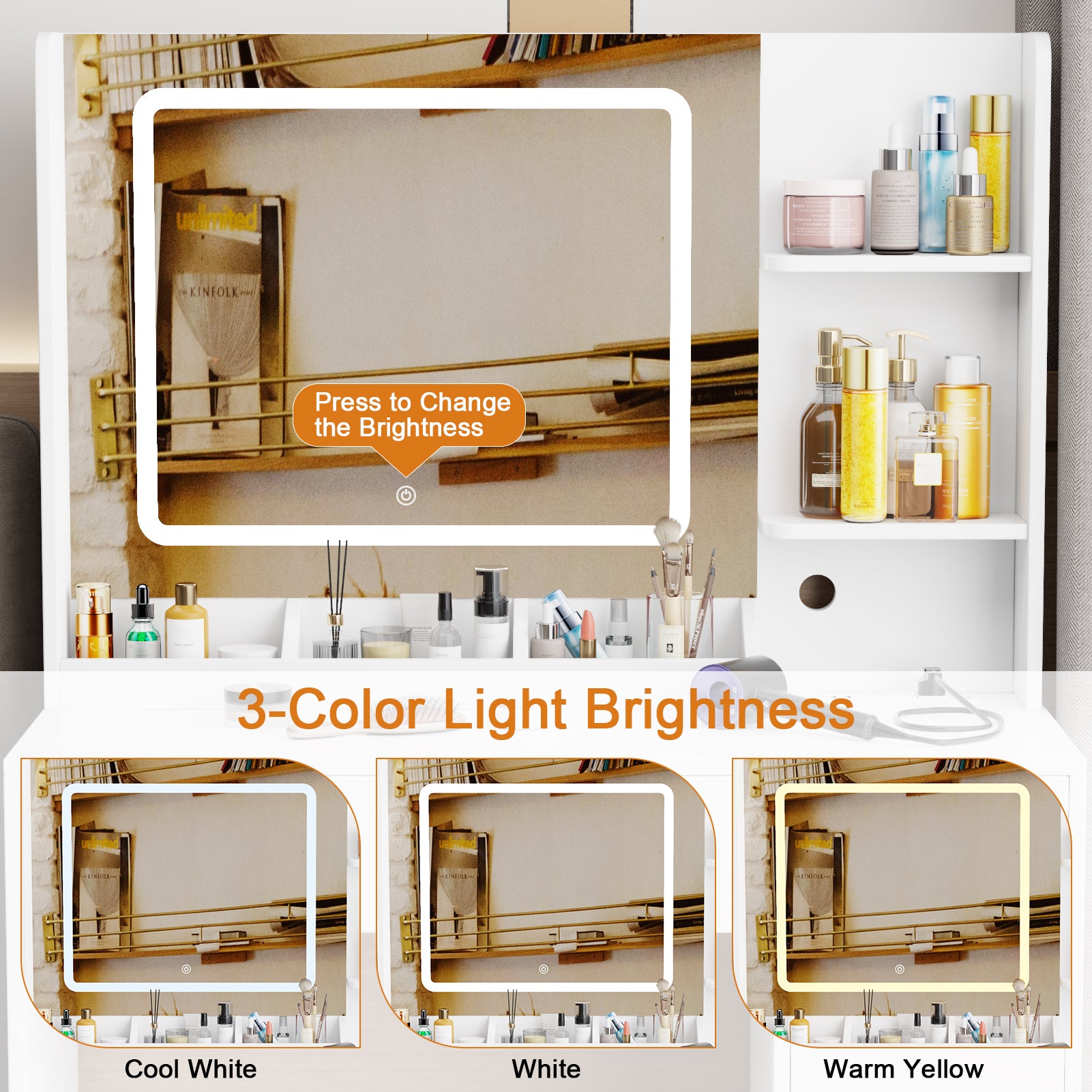 White Makeup Vanity Desk with Mirror and Lights Vanity Set with Stool 3 Color Lighted Mirror Dressing Table with Power Outlet and Drawers Cabinet