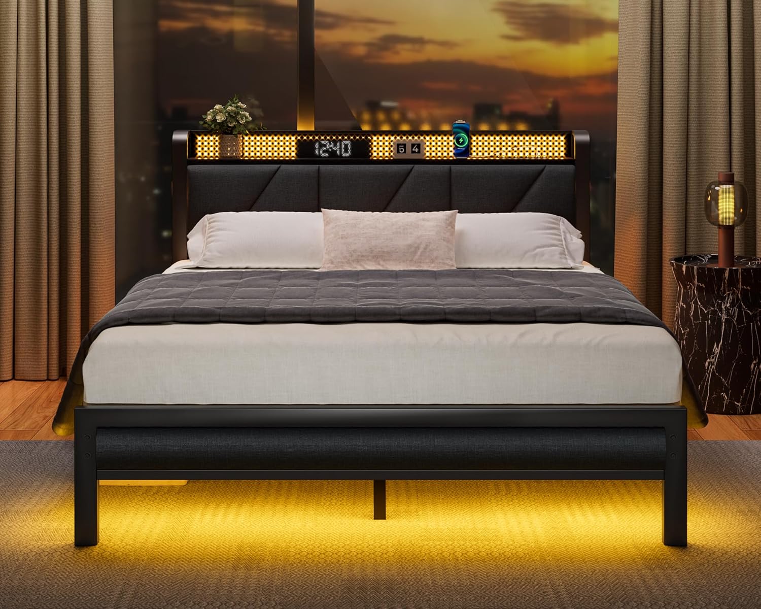 Furnulem Queen Size Bed Frame with Headboard and LED Lights, Upholstered Bedframe with Charging Station and USB Port No Box Spring Needed