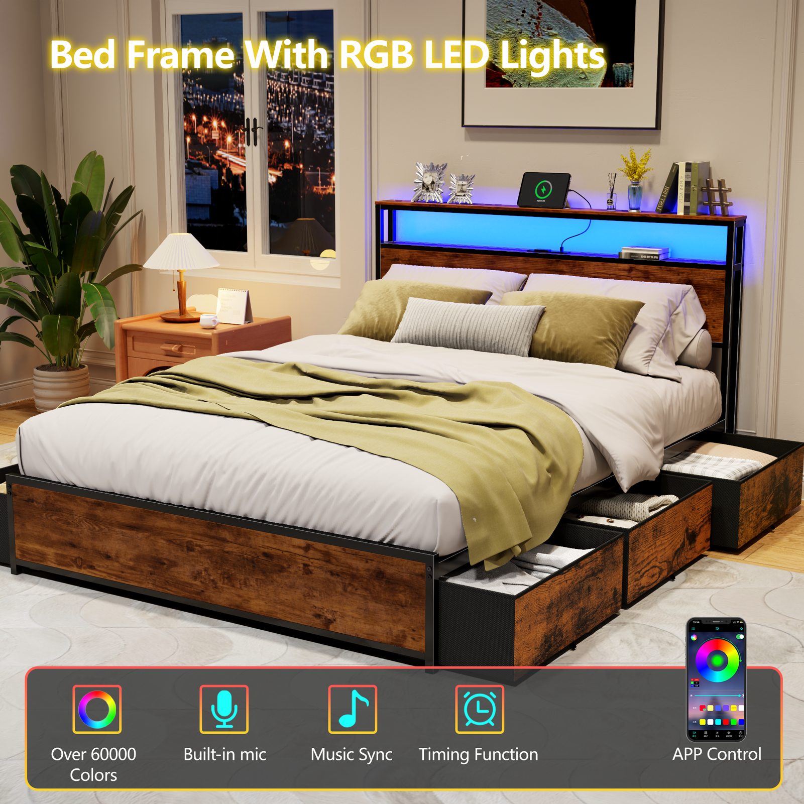 Queen Bed Frame with 6 Storage Drawers Metal Platform Bed Frame with 2-Tier Storage Headboard LED Built in Charging Station No Box Spring Needed