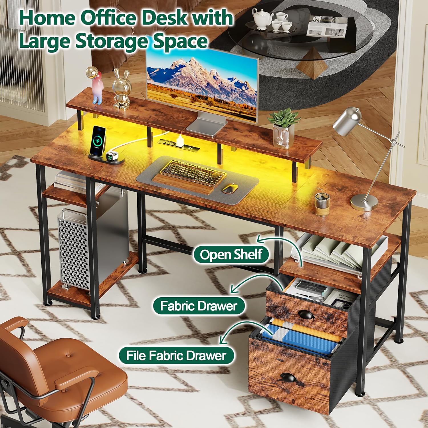 61 Inch Rustic Brown Computer Desk with Charging Station Reversible Gaming Desk LED Lights File Cabinet Monitor Stand Storage Shelves Home Office