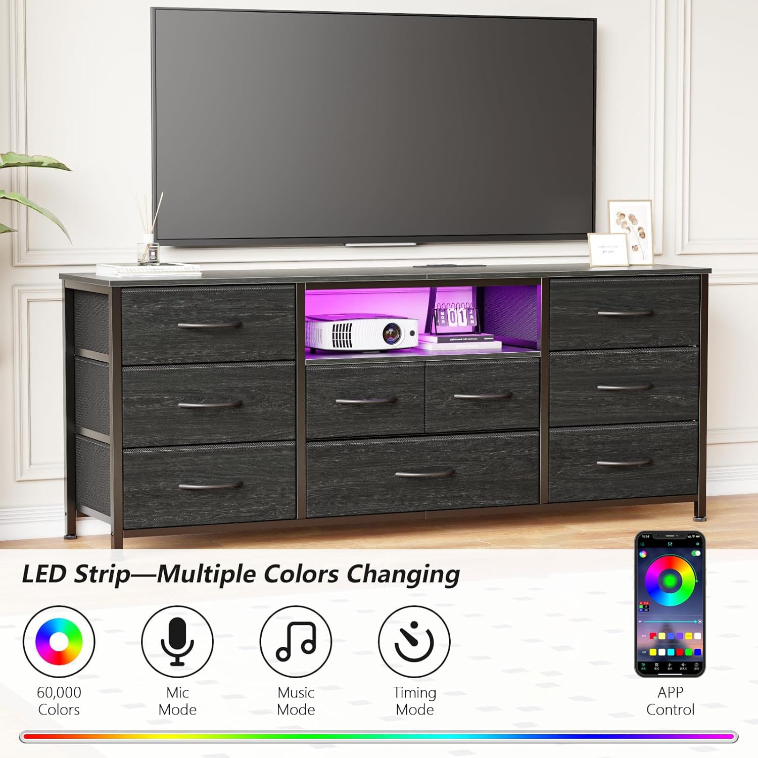 Furnulem 9 Drawer Dresser 55” Long TV Stand for Bedroom Entertainment Center with Power Outlet LED Light for 55"-65" TV Dresser with Fabric Storage
