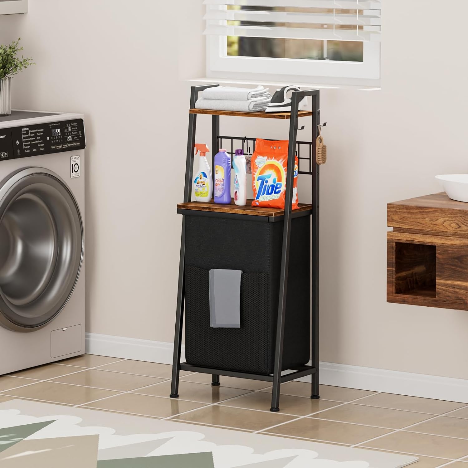 Furnulem 2-Tier Laundry Hamper with Shelf & Hooks – Removable Divided Bag for Bathroom or Bedroom