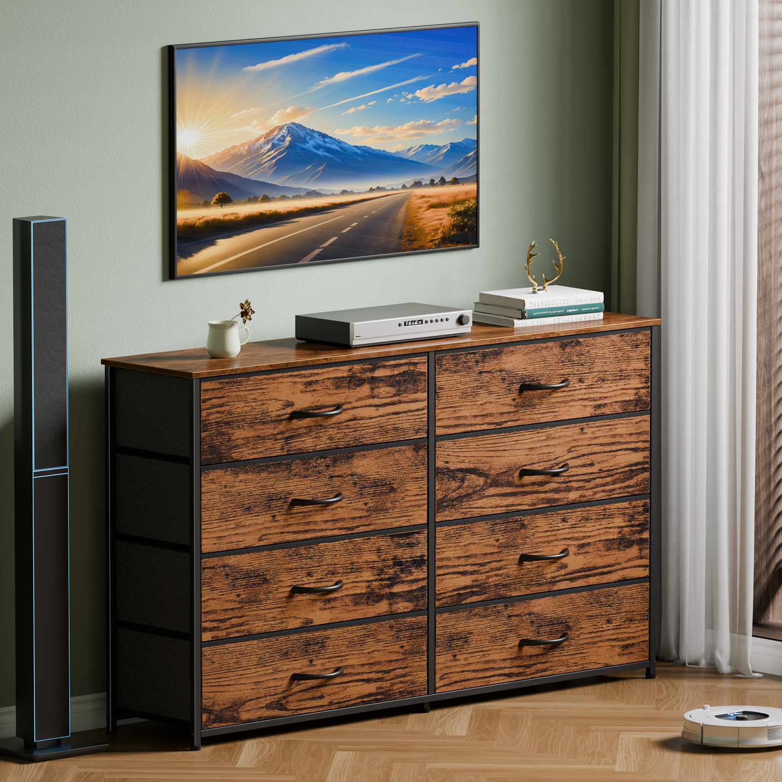 8 Drawer Dresser Wide Storage Chest of Drawers for Bedroom Closet Organizer Fabric Bins 55 Inch TV Stand Wood Top Furniture Unit Hallway Nursery