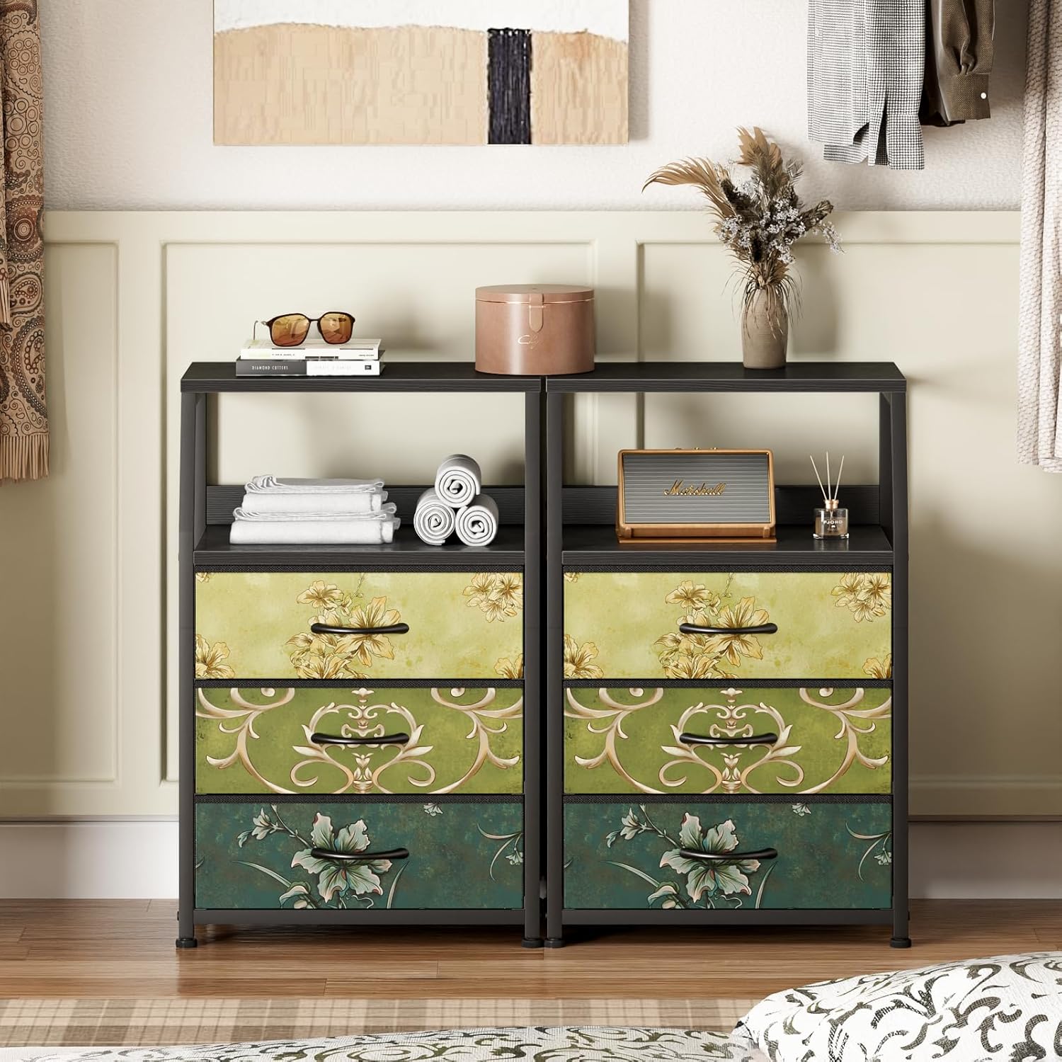 Furnulem Retro Nightstand with 3 Drawers & 2-Tier Shelf – Vintage Side Table for Bedroom or Closet