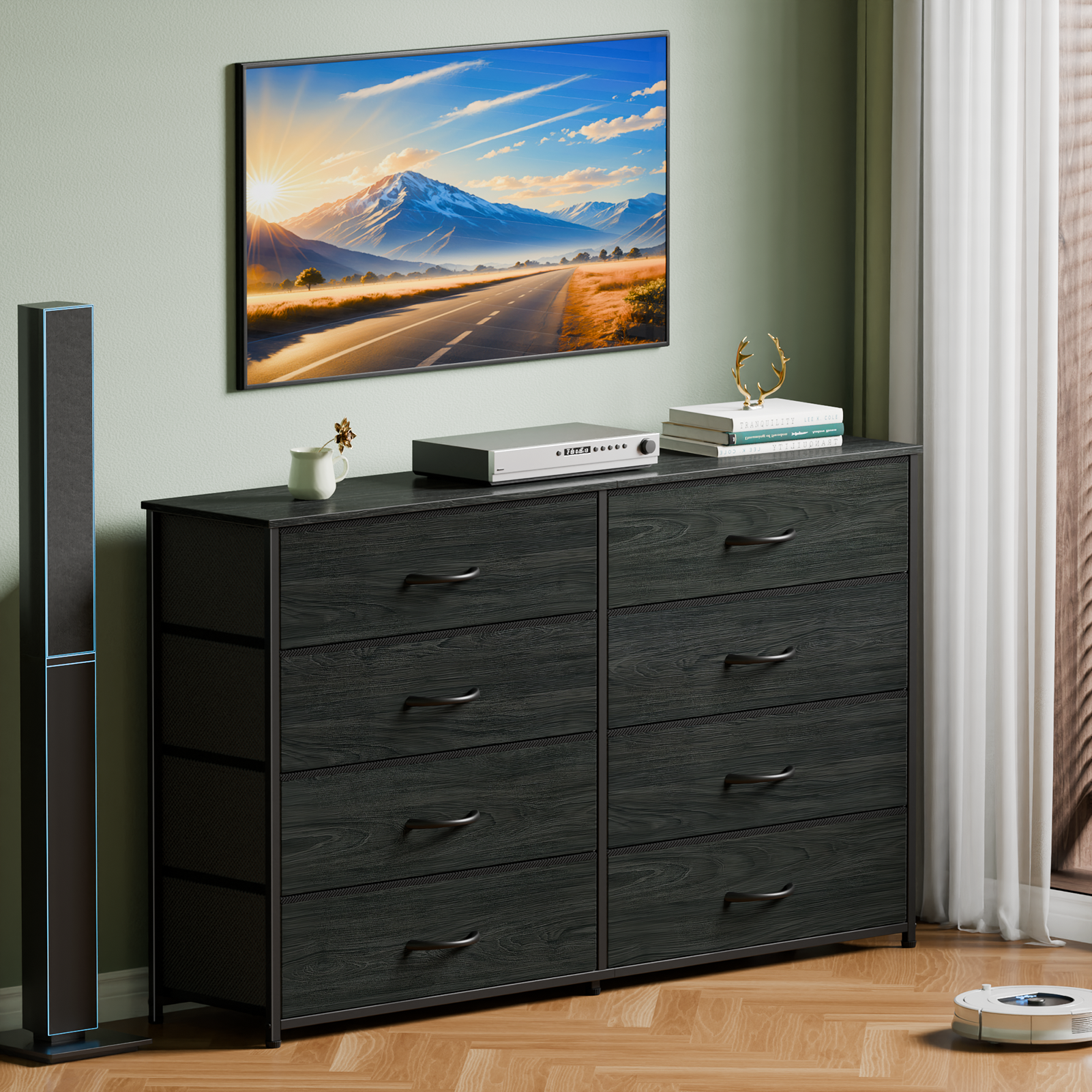Wide Fabric Dresser for Bedroom 8 Drawer Storage Chest 55 Inch TV Stand Entertainment Center Wood Top Organizer Unit Living Room Hallway Furniture