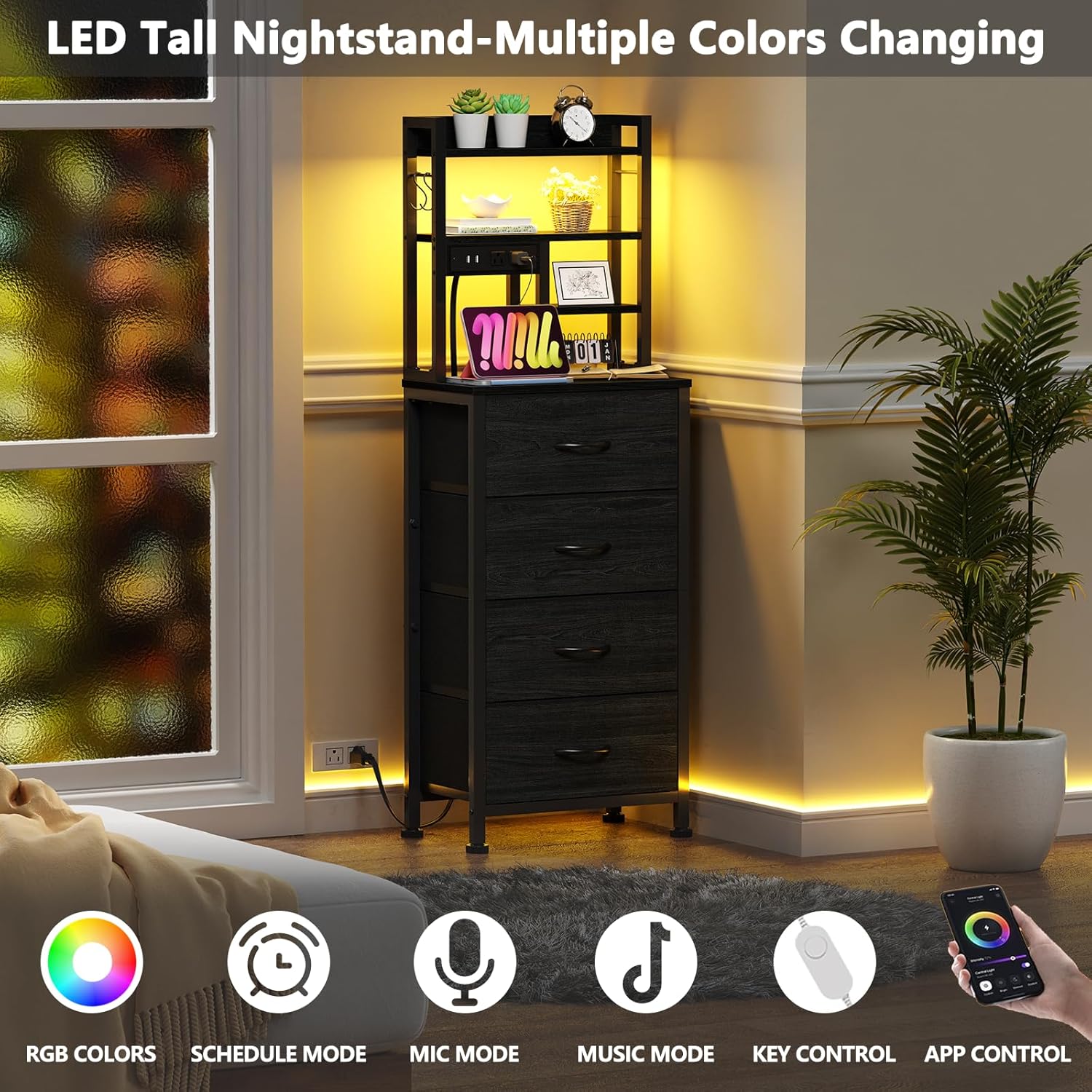 Qwatto Bedside Table with Charging Station and USB Port 4 Drawer Tall Nightstand with Shelves for Bedroom Dorm Wood Metal End Table Brown Oak Finish