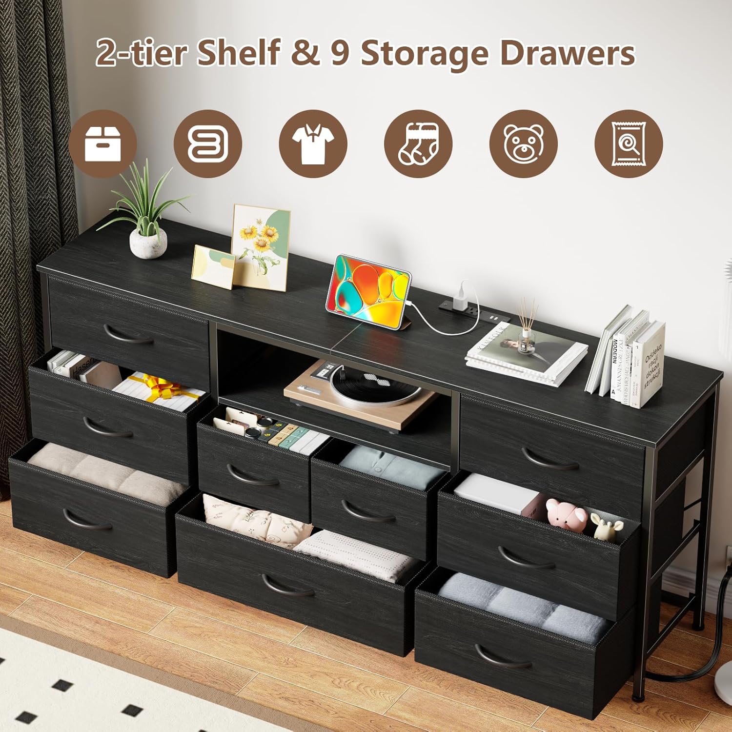 Furnulem 63" 9-Drawer Dresser TV Stand with LED & Power Outlet, Black Fabric Storage Cabinet for Bedroom or Closet, Fits 65–75" TVs
