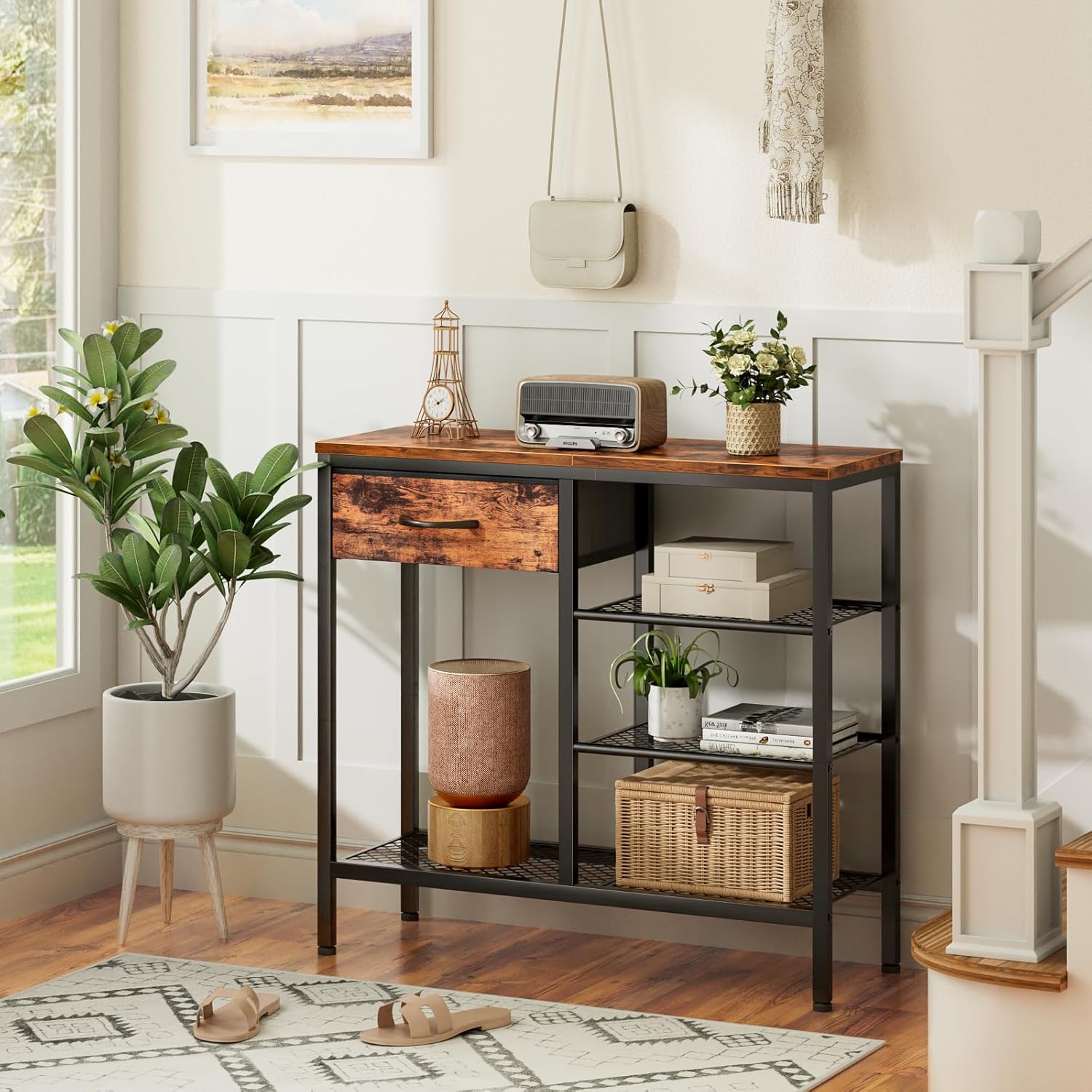 Furnulem 31.5" Entryway Table with Drawer & Shoe Rack, Rustic Console for Hallway