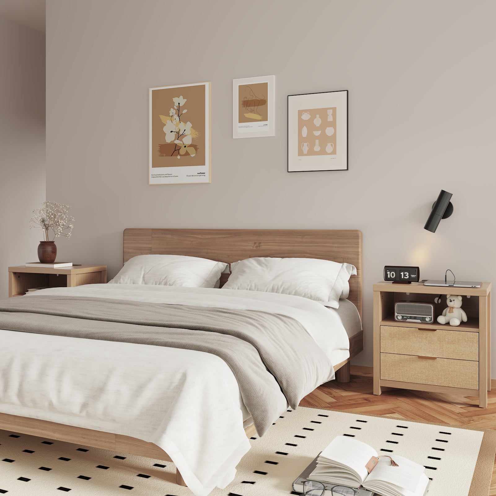 Modern Farmhouse Nightstand with Charging Station Natural Oak Wood 2 Drawers Storage Shelf Bedside Table USB End Table Bedroom Furniture