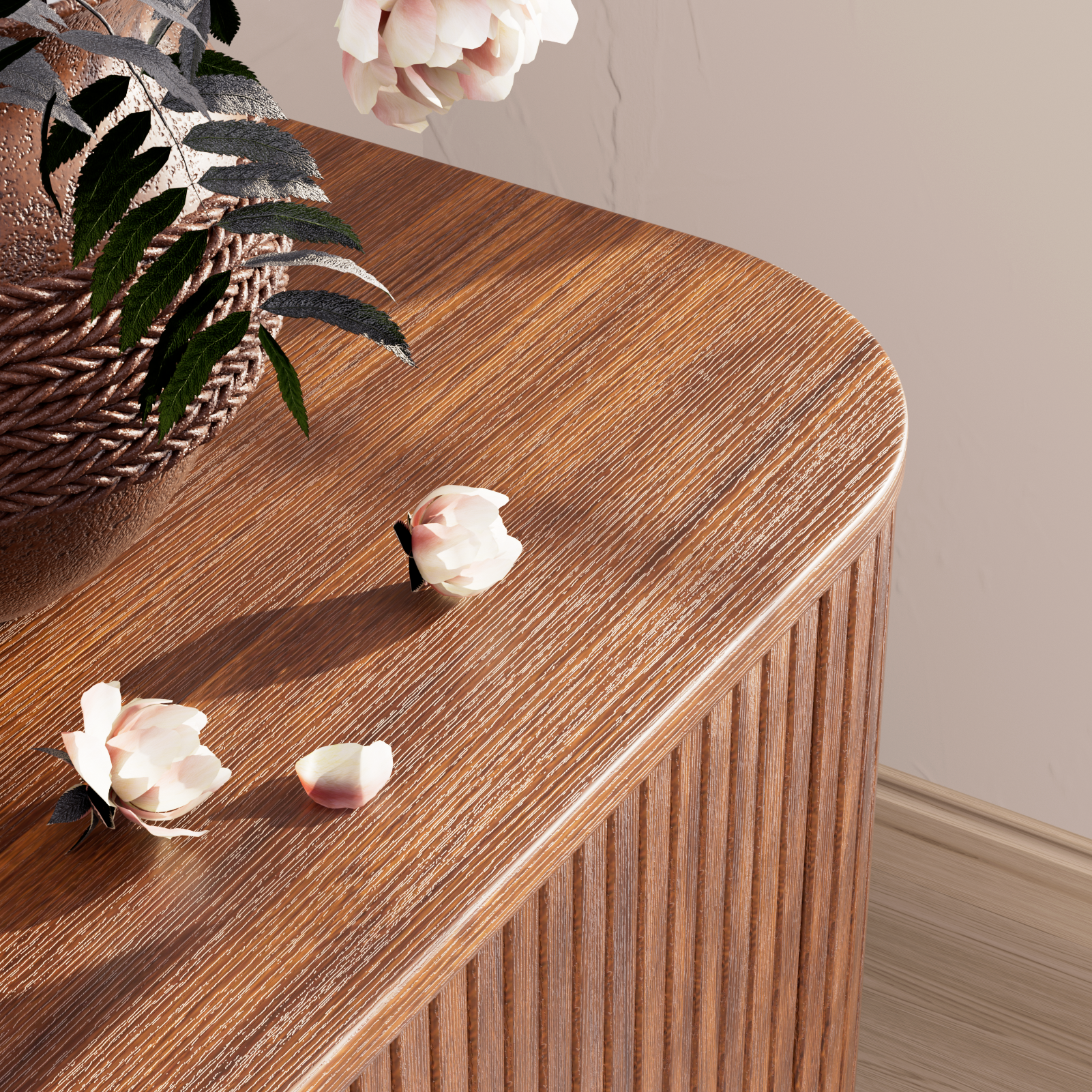 Curved Edge TV Stand Walnut Finish Media Console for 65 Inch TV Modern Fluted Door Credenza with Storage Mid Century Living Room Furniture