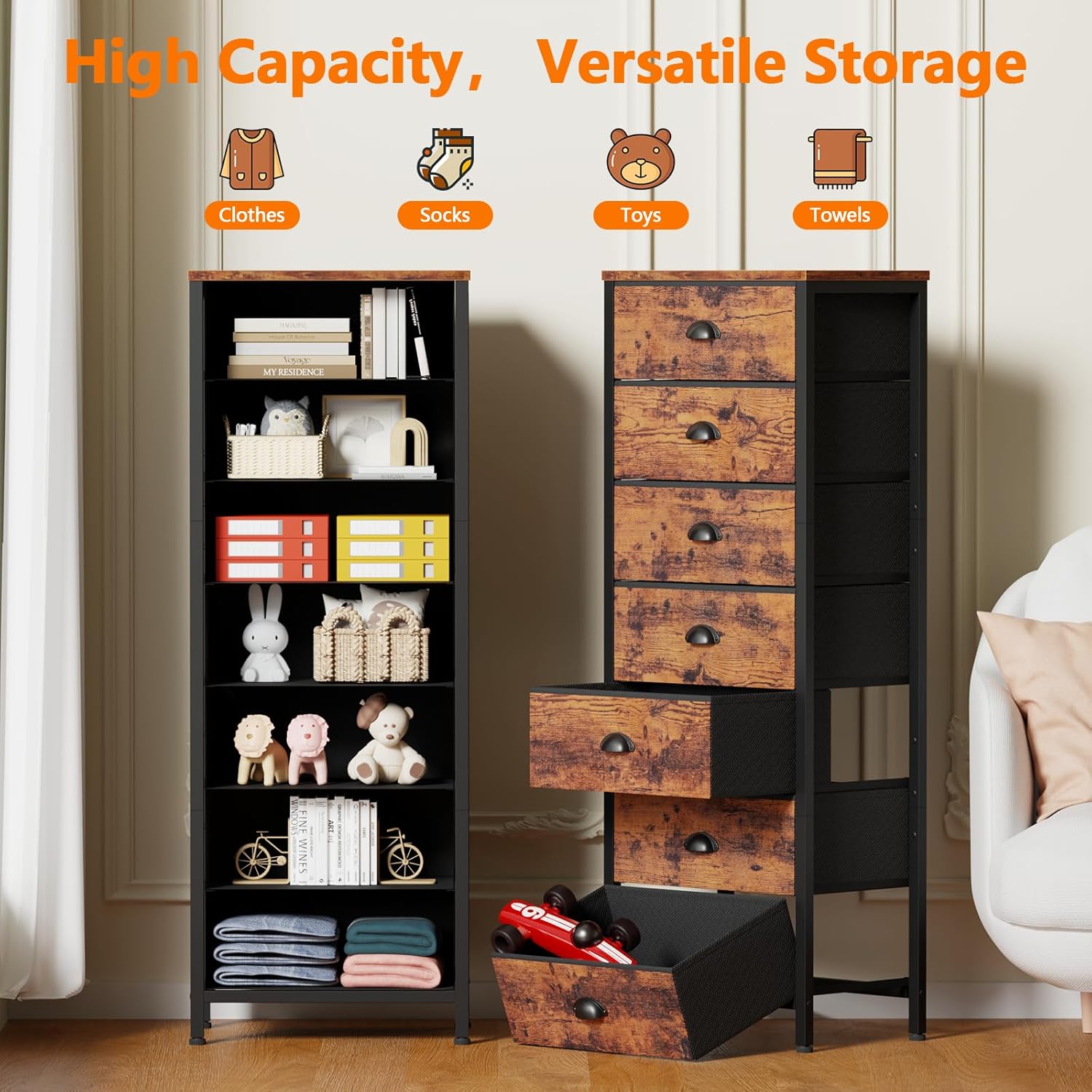 Furnulem 7-Drawer Tall Dresser – Industrial Fabric Storage Tower with Steel Frame for Bedroom, Closet, or Entryway