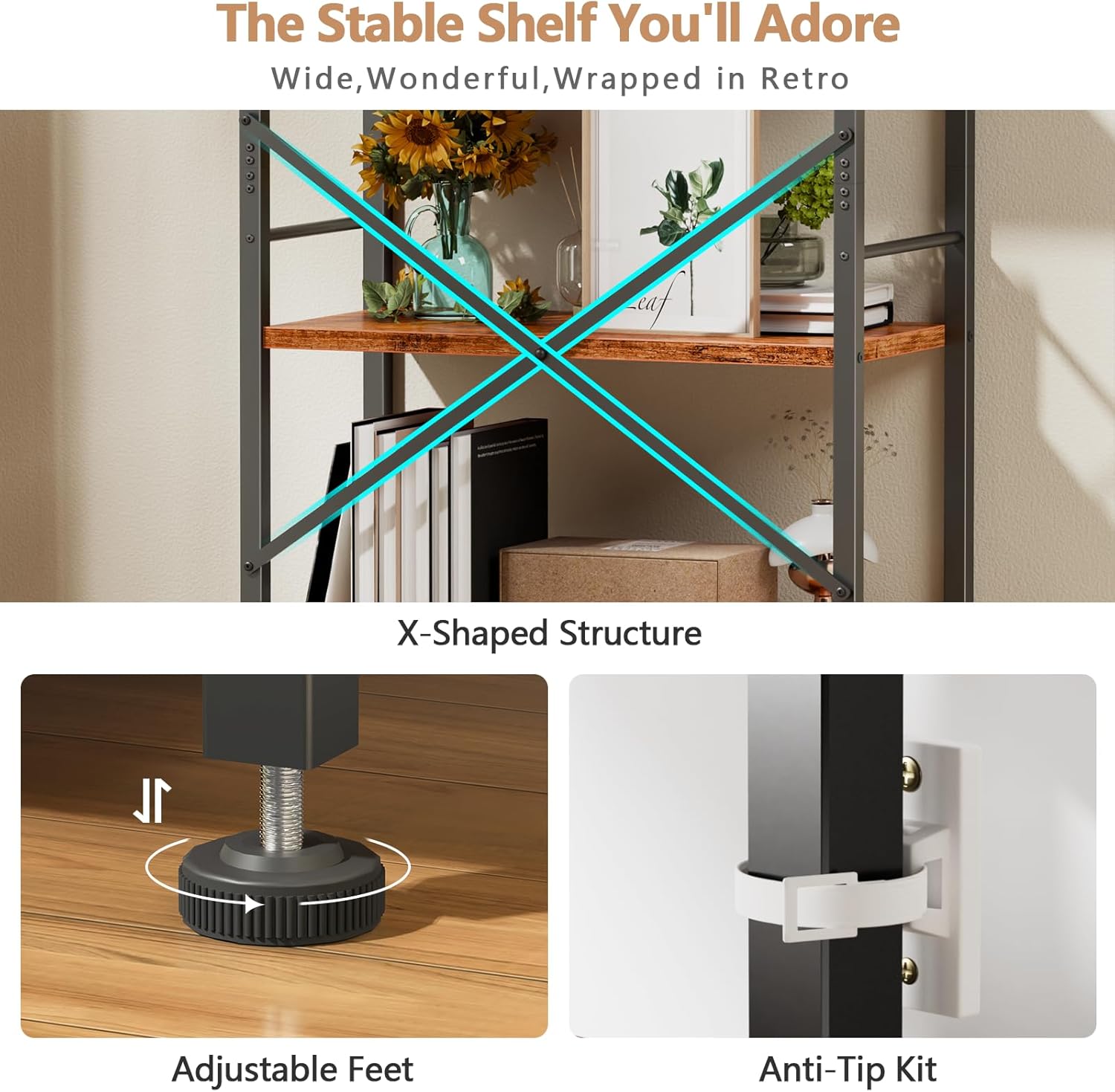 Qwatto Brown 5 Tier Tall Wide Bookshelf Wood Metal Industrial Open Display Shelving Unit Freestanding Etagere Bookcase Storage Organizer Living Room