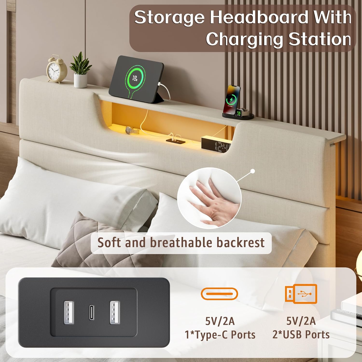 Queen Size Bed Frames with Upholstered Headboard Modern Platform Bed with Bed Frame with Sturdy Wooden Slats/No Box Spring Needed/2-Tier Storage Beige