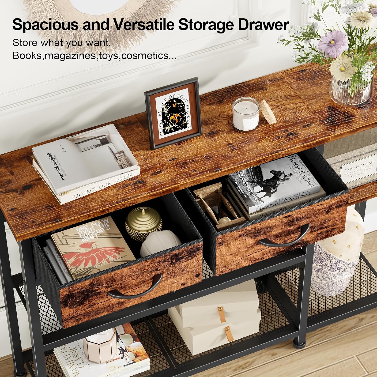 Furnulem 44'' Industrial Entryway Table with Drawers & Shoe Rack, Rustic Console Table with Mesh Shelf