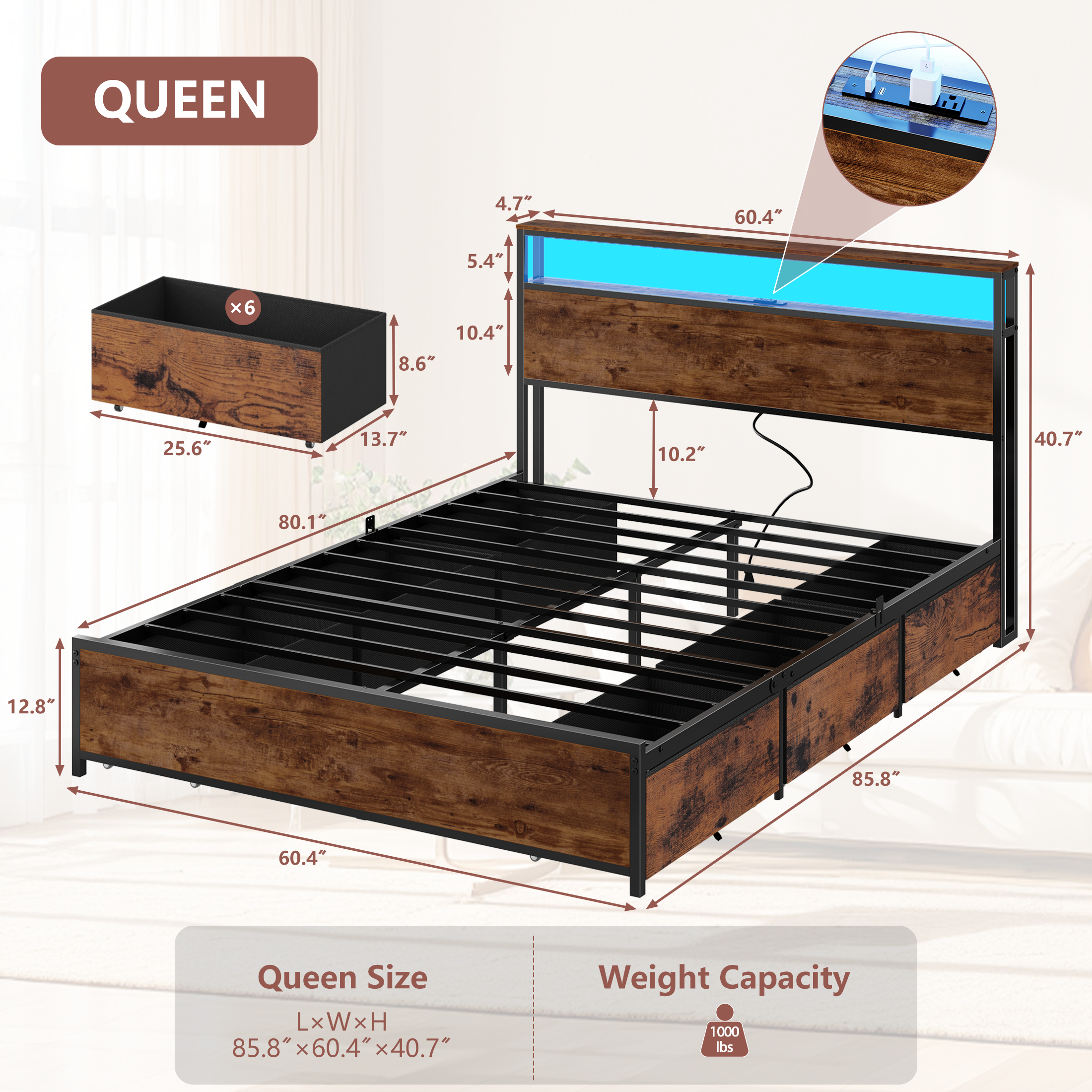 Queen Bed Frame with 6 Storage Drawers Metal Platform Bed Frame with 2-Tier Storage Headboard LED Built in Charging Station No Box Spring Needed