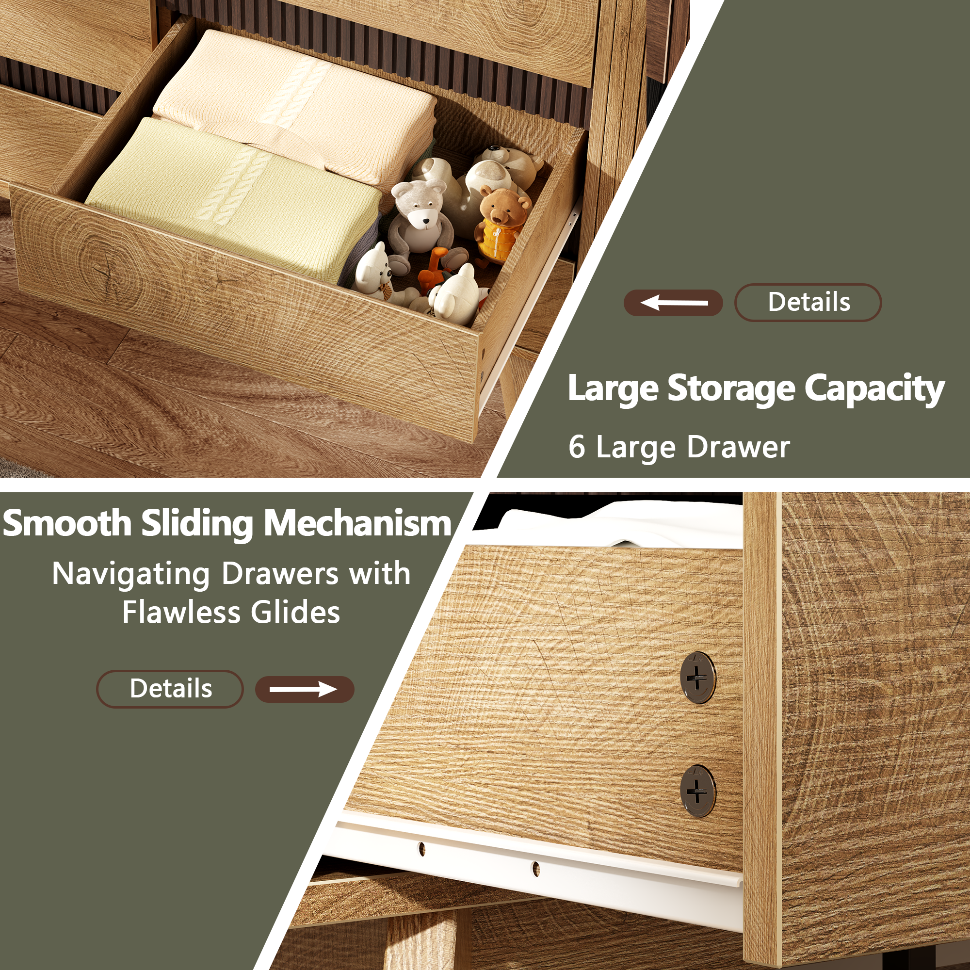 Qwatto 6 Drawer Dresser for Bedroom 47.2" Wide Fluted Chest of Drawers Modern Curved Design Clothes Storage Organizer Hallway Room Natural Oak Finish