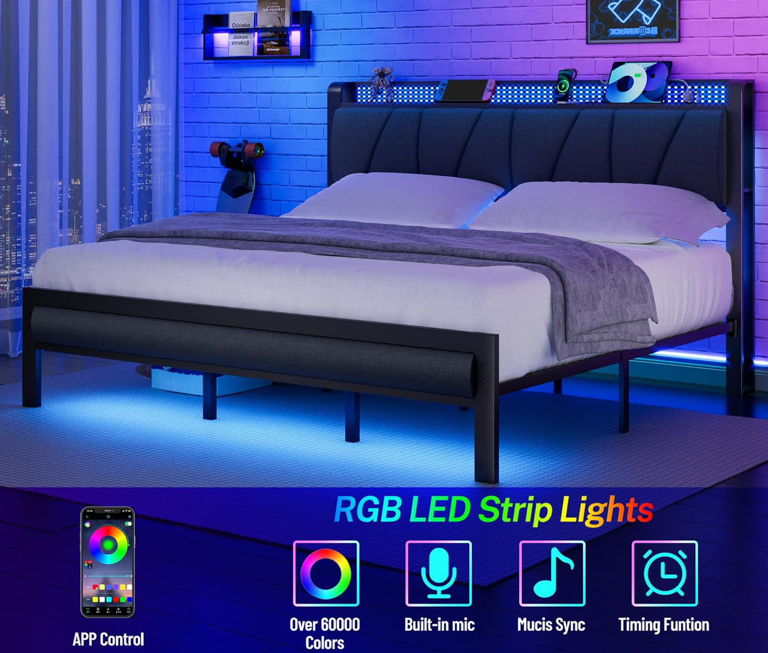Furnulem King Bed Frame with Headboard and LED Light Upholstered Platform with Power Outlet and USB Port Bed with Metal Support and Footboard