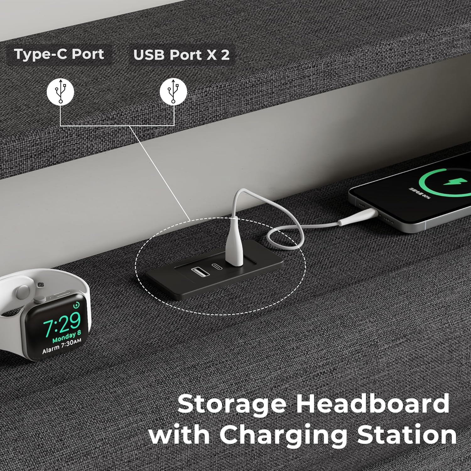 Furnulem Queen Size Bed Frames with Upholstered Headboard Bed with Charging Station and Led Lights Bed Frame with Sturdy Wooden Slats/2-Tier Storage