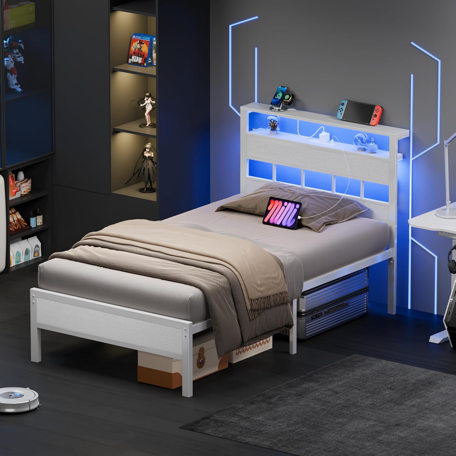 Furnulem Twin Bed Frame with LED Lights & Charging Station, Wood Headboard with Storage, No Box Spring Needed