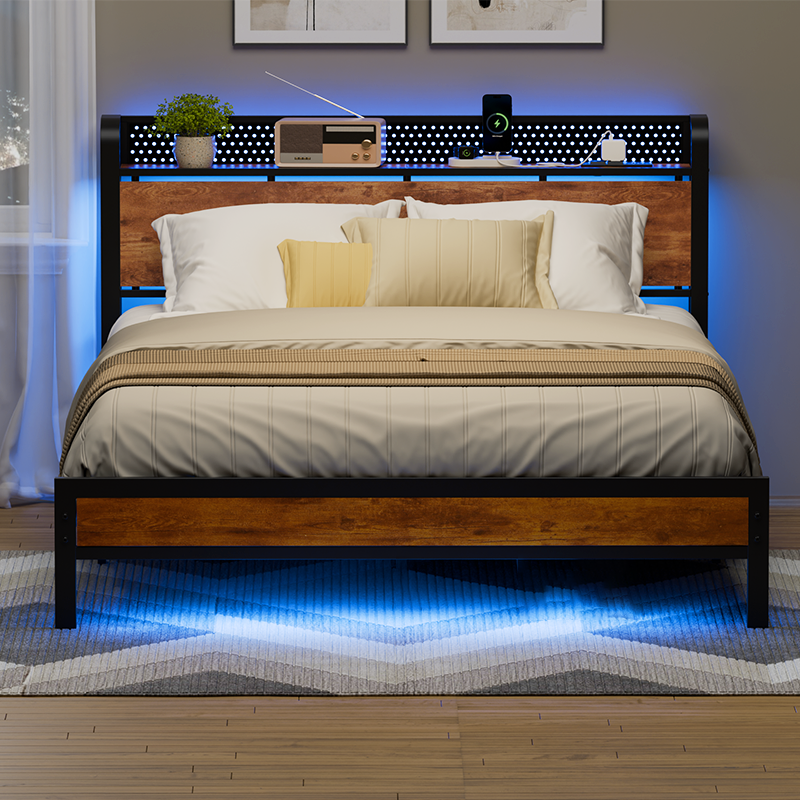 Furnulem Queen Bed Frame with Charging Station and LED Lights,Industrial Platform Beds with Storage Headboard USB Port Rustic Wood and Strong Metal