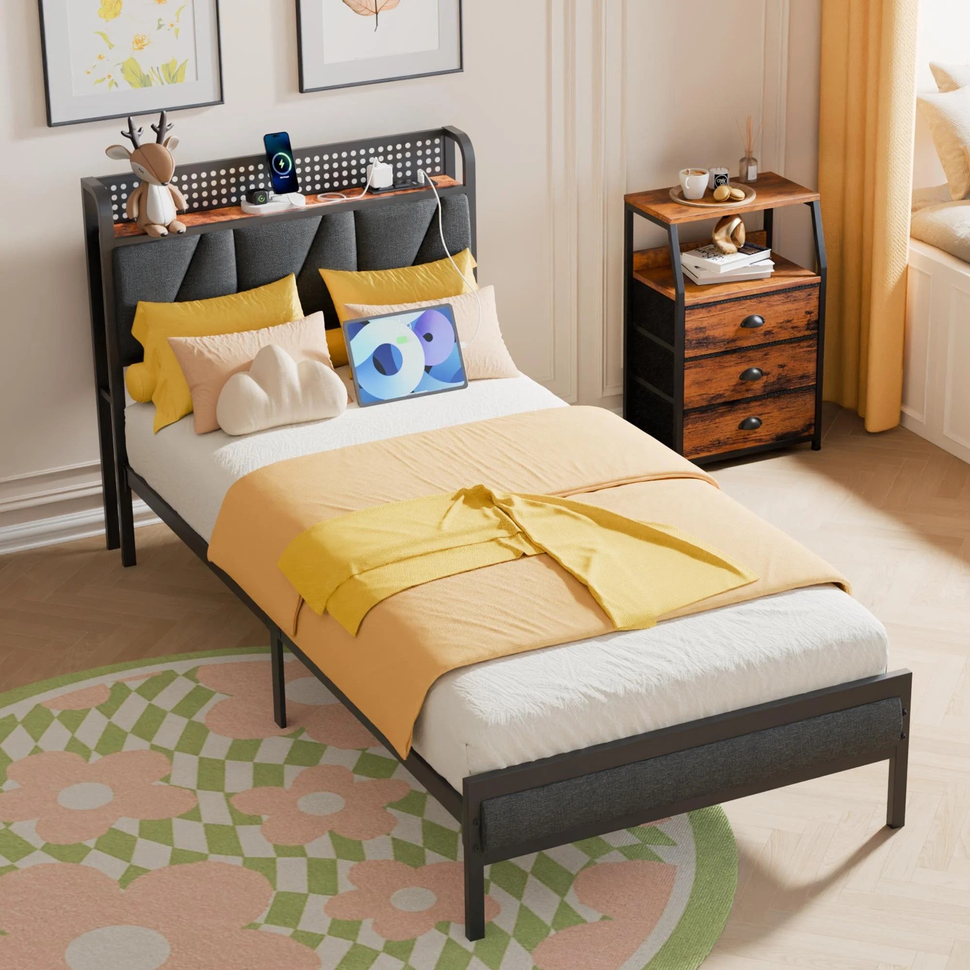 Twin Size Metal Smart Bed Frames with Upholstered Headboard, LED Lights, USB Ports and Outlets, Storage Shelves & Underbed